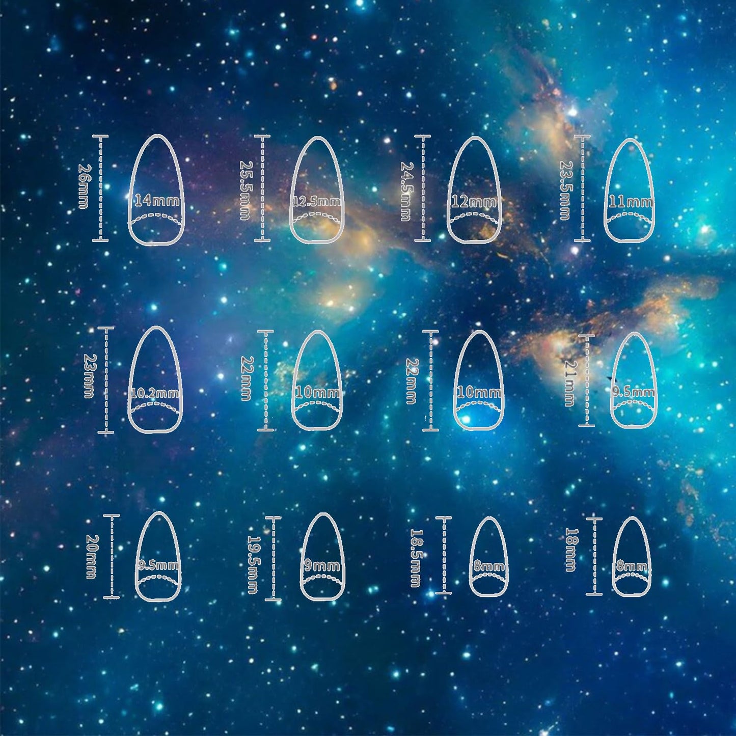 24Pcs Moon Press ons Fingernails Starry Sky Gel Glue on Acrylic Fake Nails Milky Way Press on Nails Glossy Blue Gradient Medium Almond False Nail Sea Horse Stick on Nail for Holiday Manicure Art