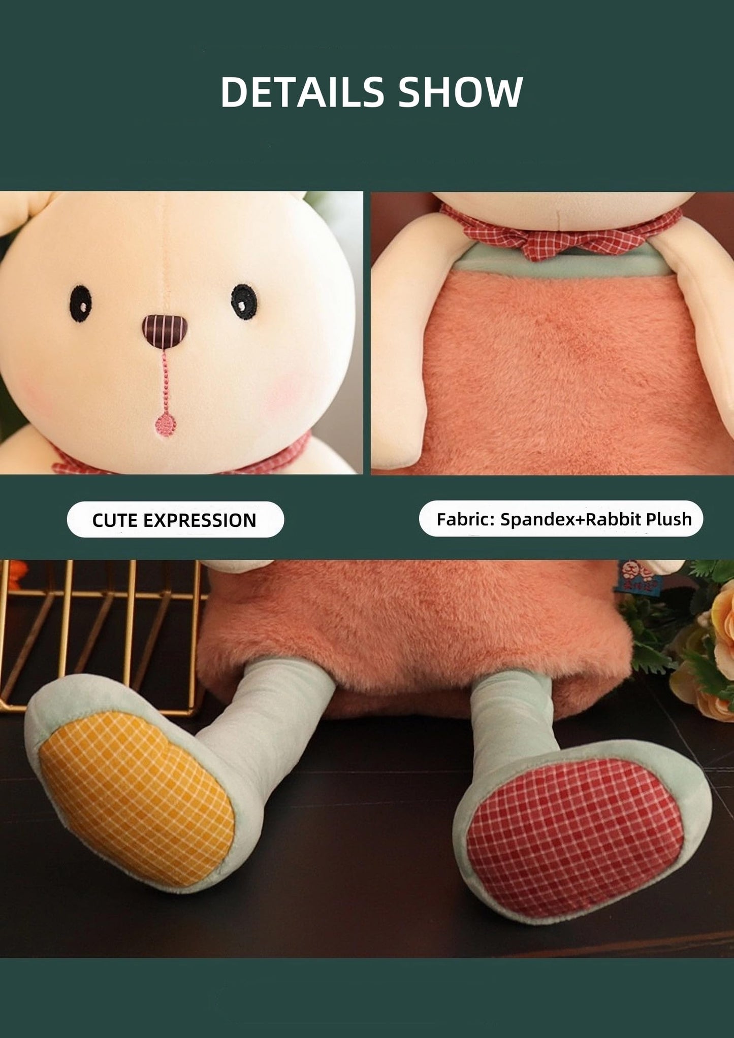 Ninqukico Plush Bunny -17'' Stuffed Animal Rabbit Pull-Out Ears and Legs, Cute Bunny Rabbit Soft Plushie Toy for Girls or Baby