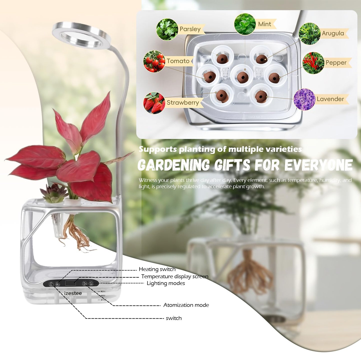 Misting Hydroponic Growing System Kit, Smart Aeroponics Indoor Herb Gardening Planter Root View,Air Humidifier&Auto Light-3 Mist Modes,Temperature Control for Growing Vegetables/Flowers/Pods/Fruits