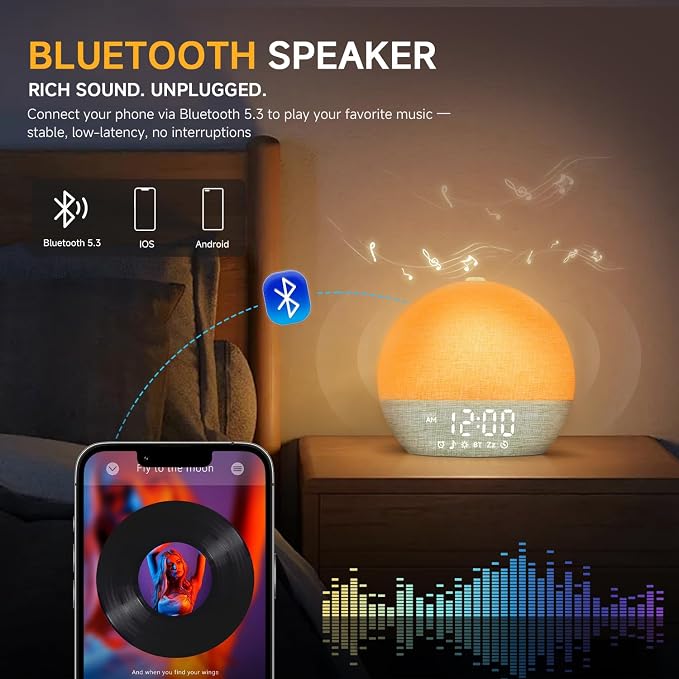 Geuuap Sunrise Alarm Clock White Noise Machine with Bluetooth Speaker,Green | 30 Soothing Sounds, 17 Dimmable lights, Simulated Sunrise, Backup Battery Memory, Auto-off Sleep Timer, Screen-Free Design
