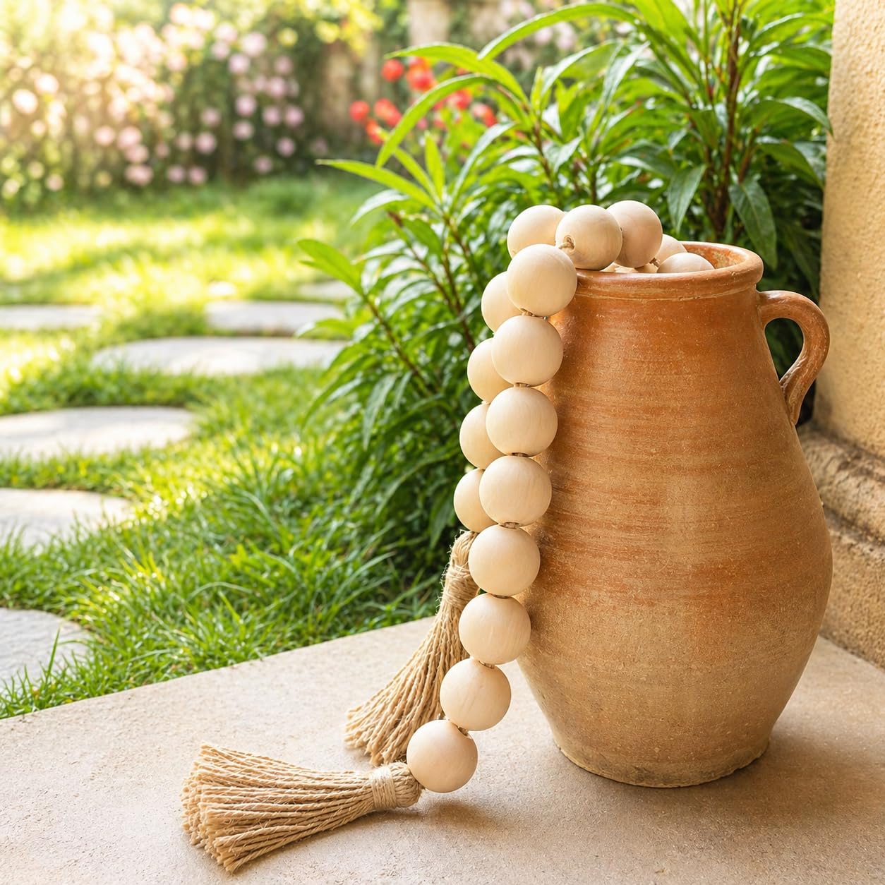OMISHE Extra Large Wood Bead Garland with 1.6" Diameter Wooden Beads and Tassels, 41" Long Rustic Farmhouse Country Decorative Beads for Home Tiered Tray Decor, Natural Beige