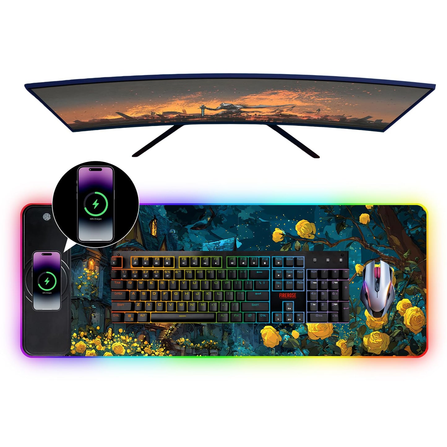 Wireless Charging RGB Gaming Mouse Pad, 31.5 x 11.8 Inch Extended Mouse Mat with Fantasy Castle & Rose Design, LED Desk Pad with 7 Lighting Modes, Non-Slip Base for Gaming & Office