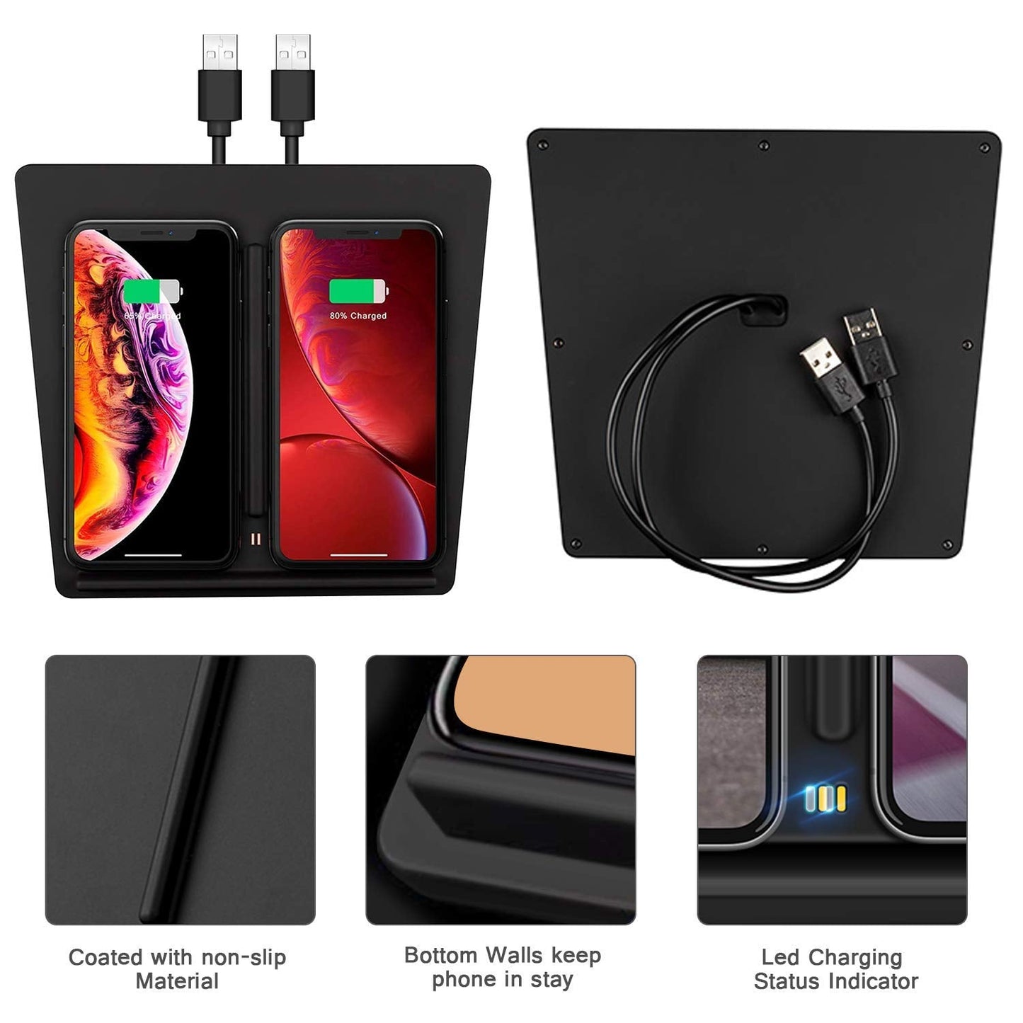VXDAS Wireless Charger, Dual 10W QI Wireless Phone Charging Pad M3 Car Center Console for Tesla Model 3 Accessories Panel with 7pcs Custom Cup Mat Center Console Liner mat-Upgrade