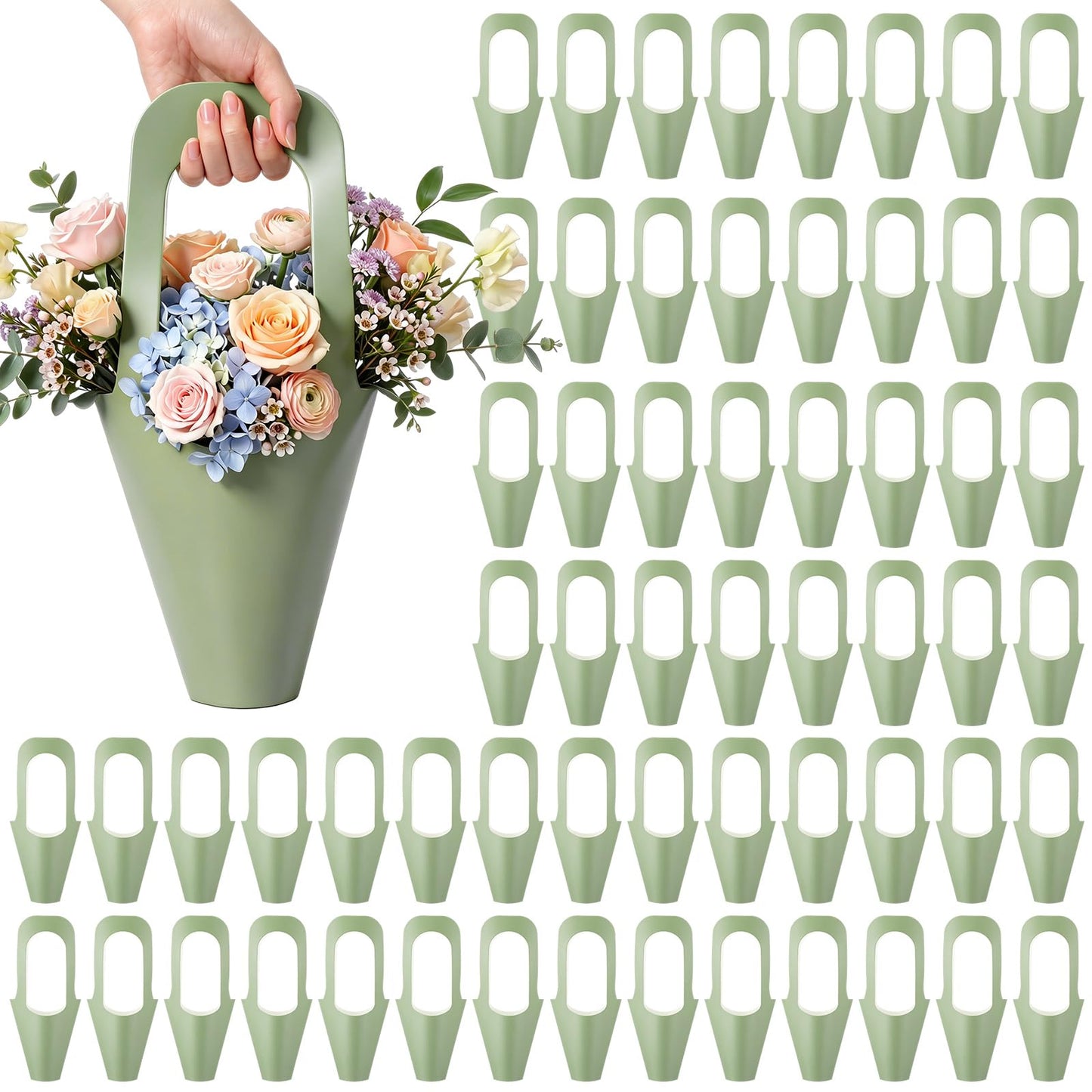 Kolldenn 60 Pack Sage Green Kraft Paper Flower Bouquet Wrapping Paper Gift Bags with Handle Flower Gift Bags for Graduation, Wedding, Birthday, Thanksgiving, Party Favors