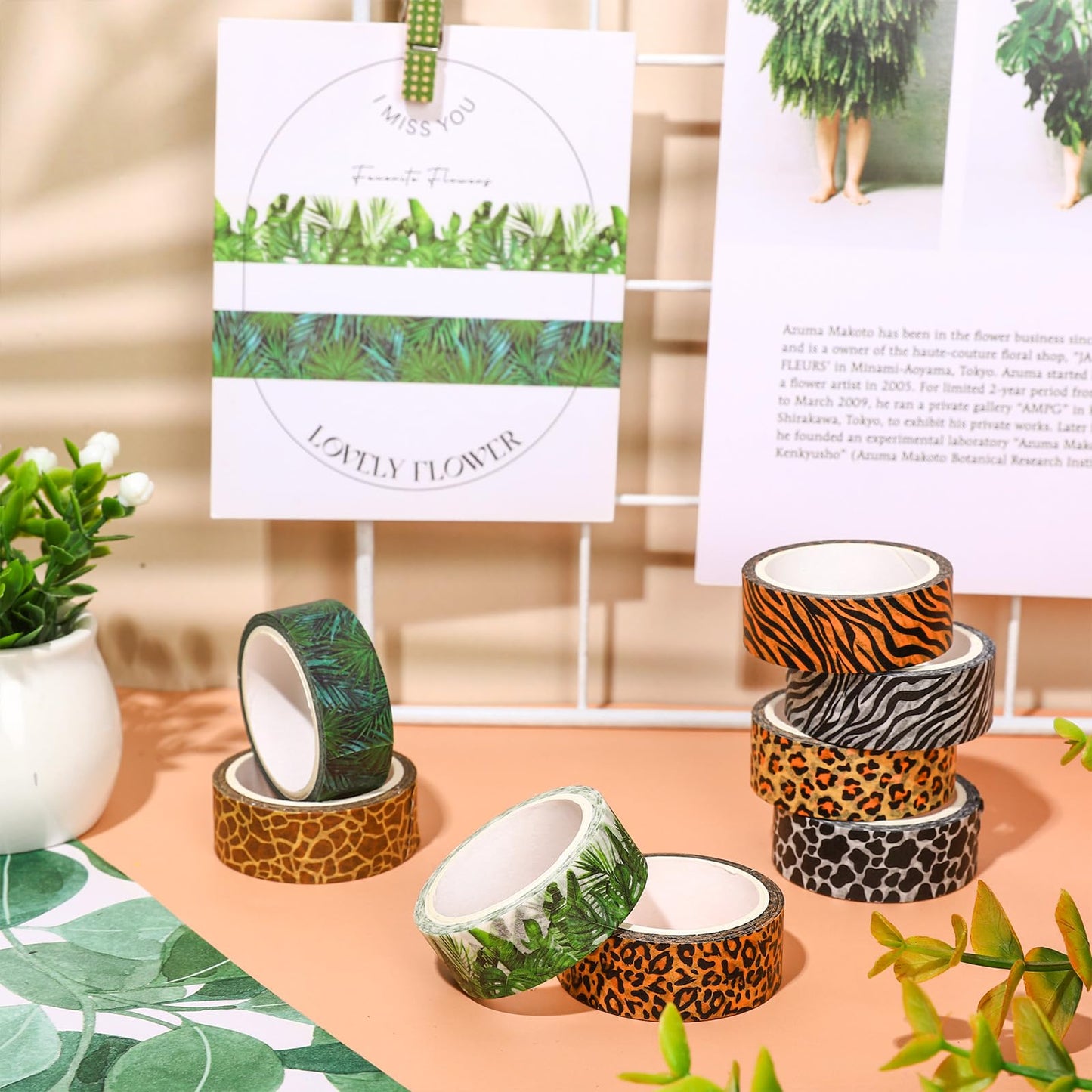 Whaline 8 Rolls Animal Prints Washi Tape Safari Jungle Decorative Masking Tape Set Leopard Cheetah Zebra Tiger Giraffe Greenery Wrapping Paper Tapes for Scrapbook Journal DIY Art Crafts