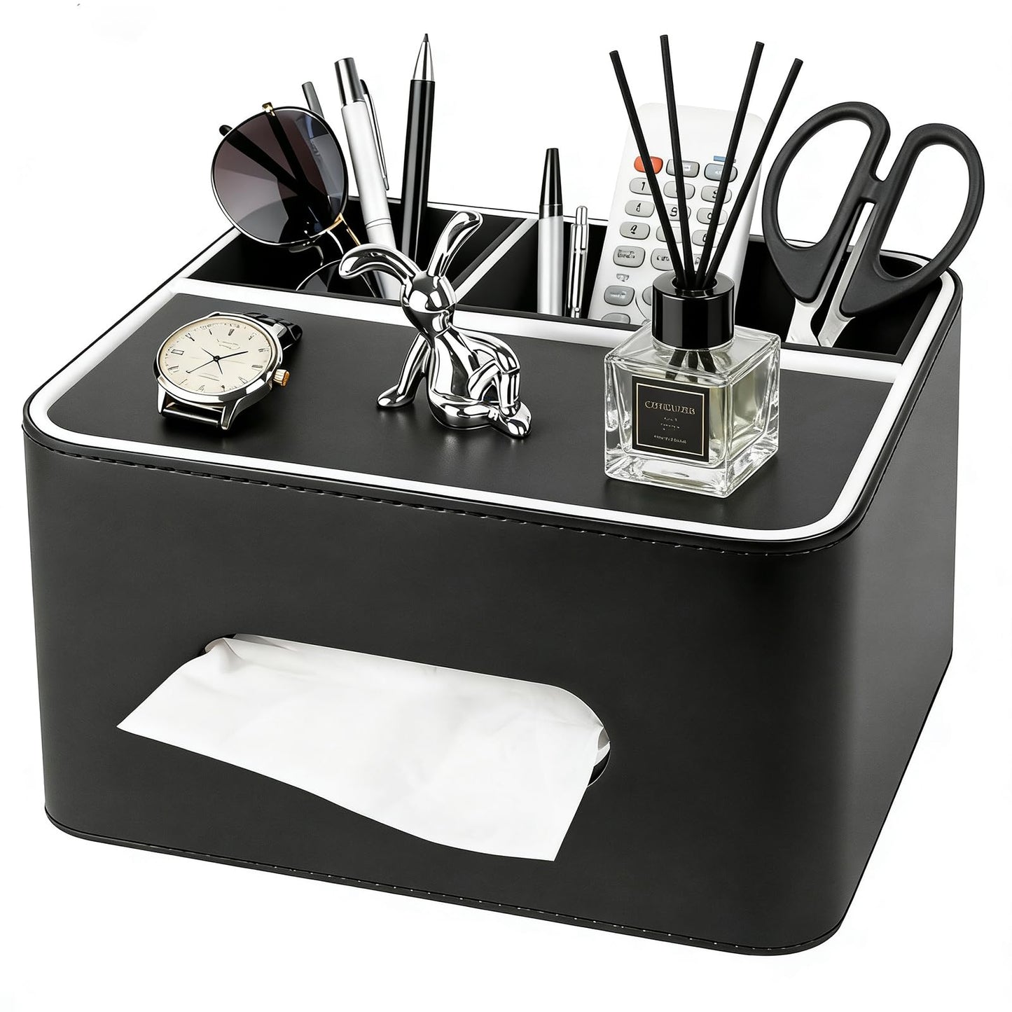PU Leather Tissue Box Cover Square - Multifunctional Tissue Box Holder with Storage, Tissue and Remote Control Holder Organizer with Compartments for Bedroom Nightstand, Desk, Living Room (Black)