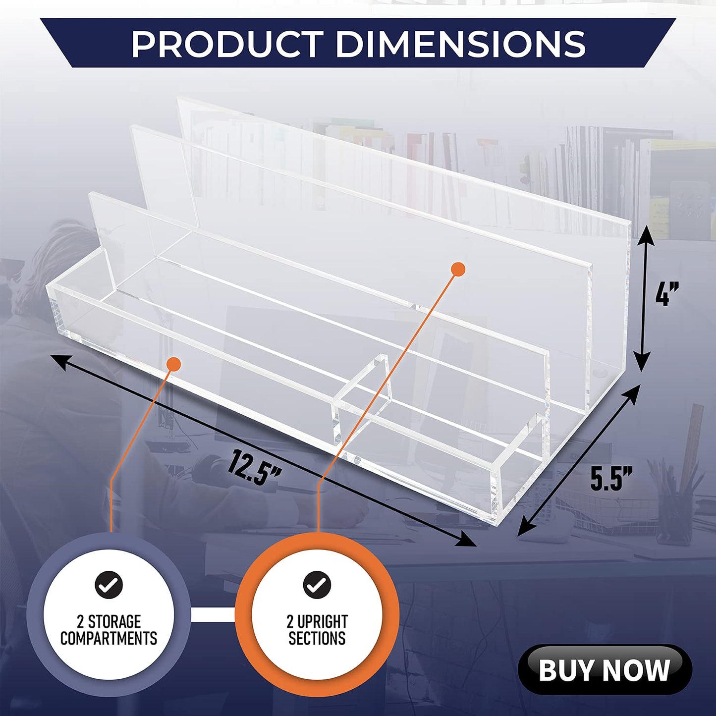 Acrylic Desk Organizer for Office Supplies and Desk Accessories, 12.5” x 5.5” x 4” and 5mm Acrylic Valet to Organize Documents, Files, Mail, Paper Clips, Sticky Notes, Tablet, Other Storage (Clear)