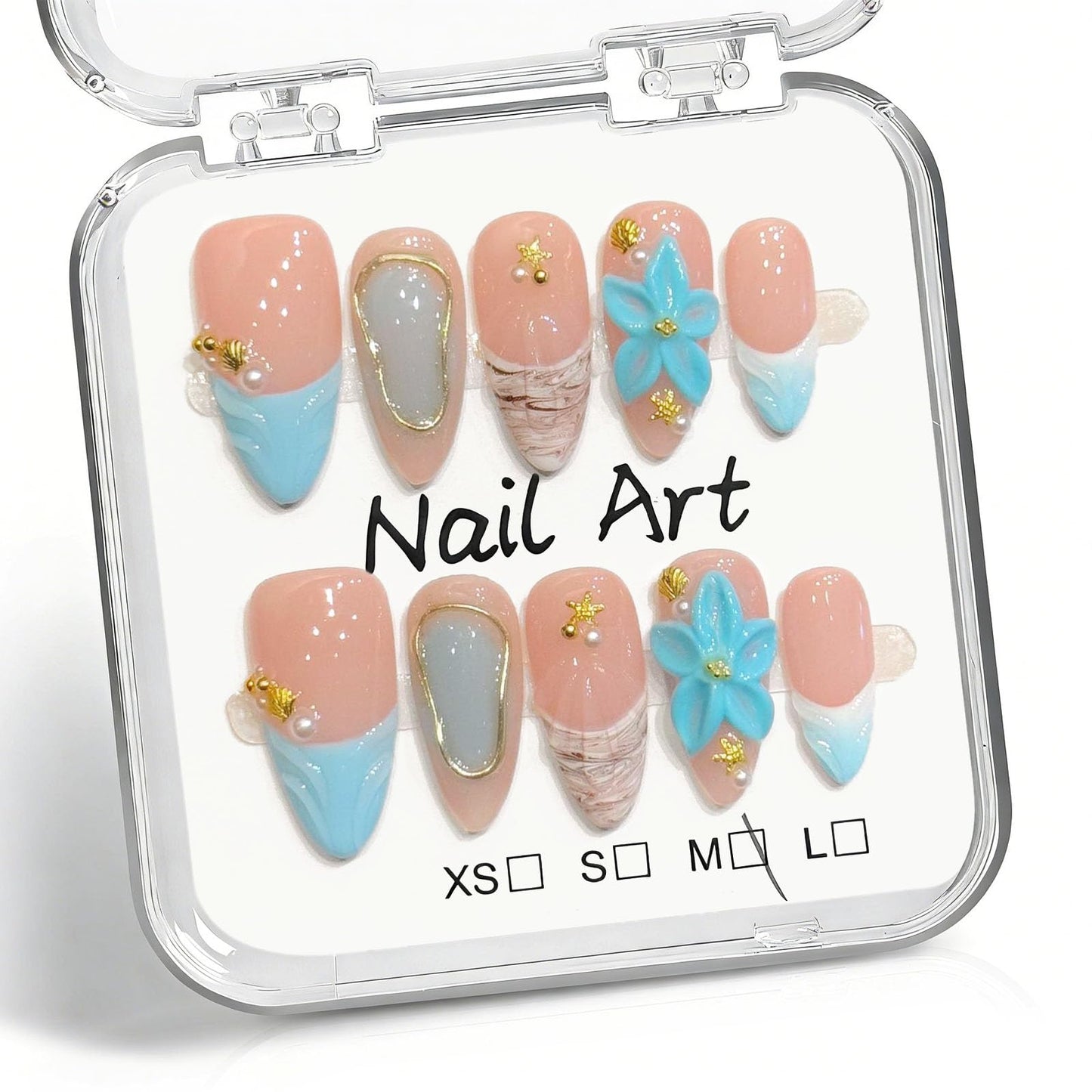 10 Pcs Handmade Press on Nails Medium Almond Fake Nails with Blue 3D Flower Design French Tip Acrylic False Nails Pink Medium Almond Press Ons Nails M Size for Women Beach Manicure