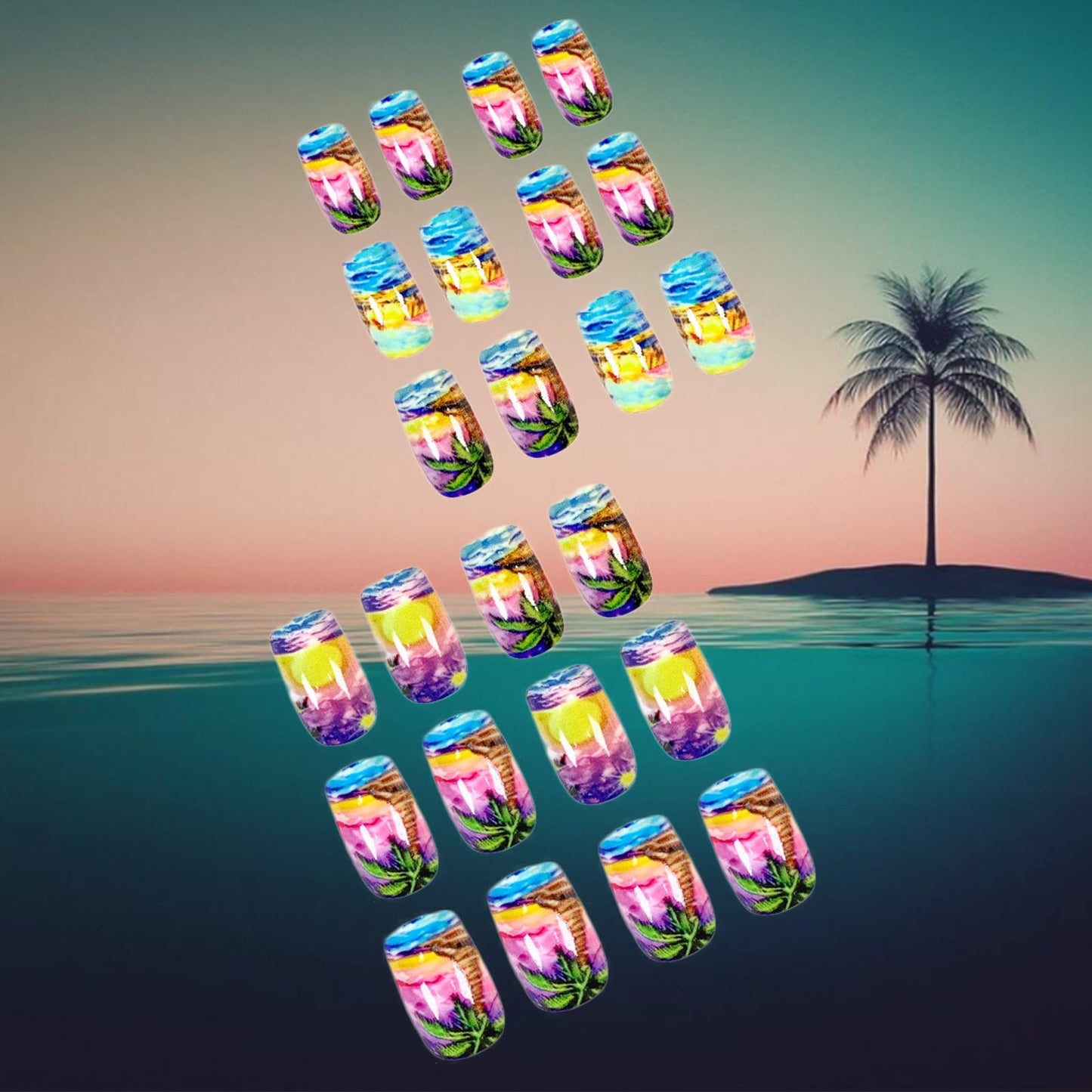 24Pcs Summer Press on Nails Sea Waves & Sunset Design Fake Nails Coconut Tree False Nails Short Square Glue on Nails Acrylic Full Cover Stick on Nails for Women Summer Beach Manicure