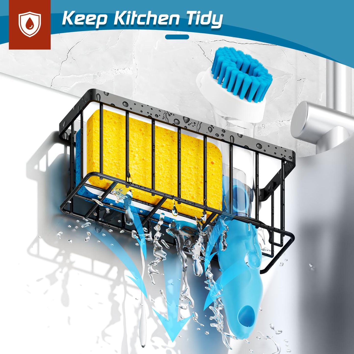 MURLONG Sponge Holder for Kitchen Sink,Sink Caddy Organizer with Suction Cups/Adhesive Strips,Dish Sponge Holder Design for Sponges,Scrubber,Stoppers-Black