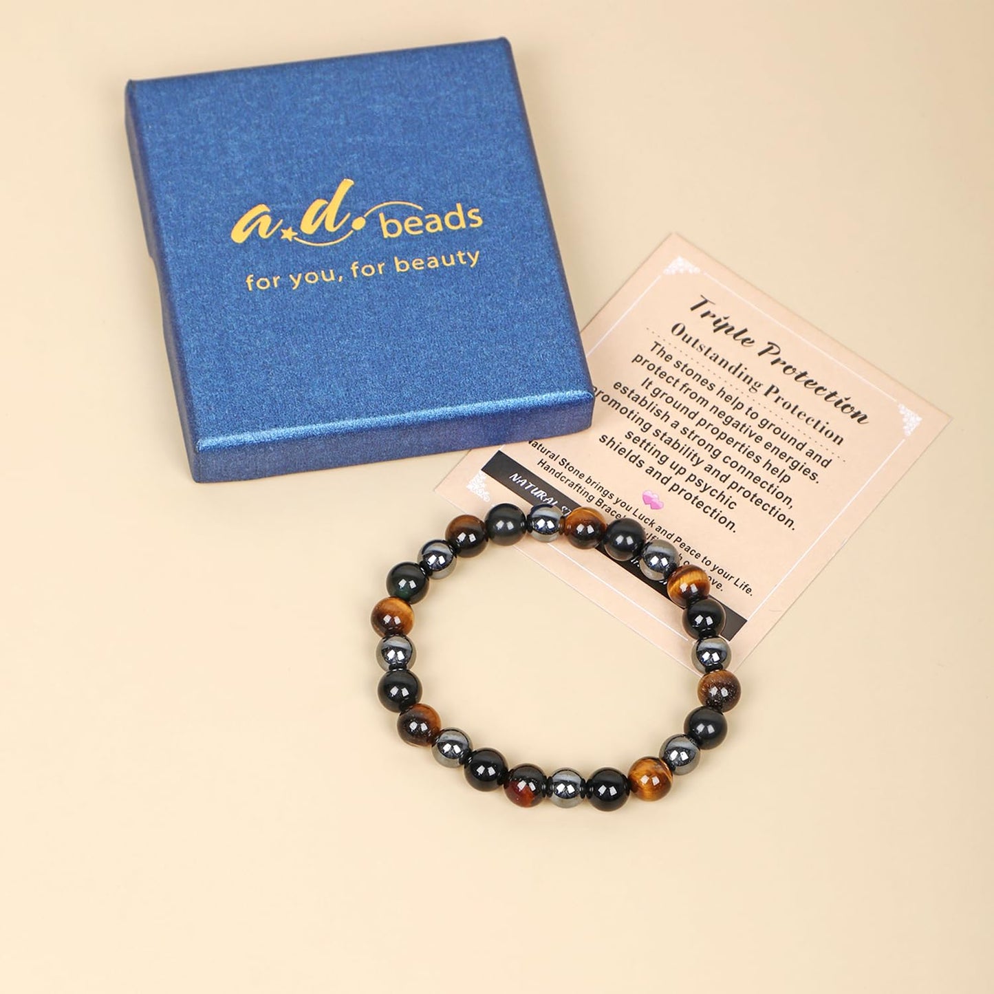 AD Beads Handmade Gemstone Stretch Elastic Bracelet Crystal Healing Reiki Nature's Beauty and Spiritual Essence Unisex (10mm, Triple Protection (Strong Protect))