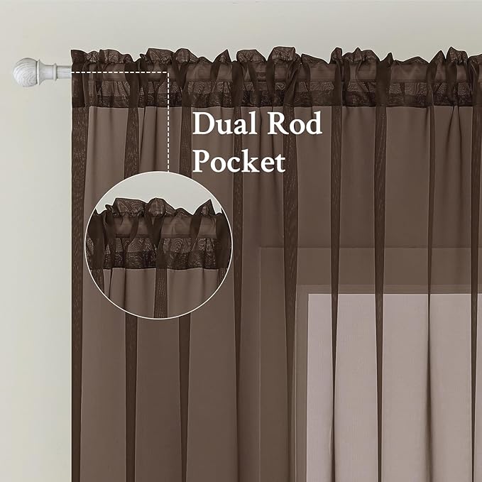 MIULEE Short Chocolate Brown Sheer Curtains 45 Inches Long, Light Filtering Voile Drapes with Rod Pocket for Bathroom Windows, Small Window Treatments, 2 Panels Set