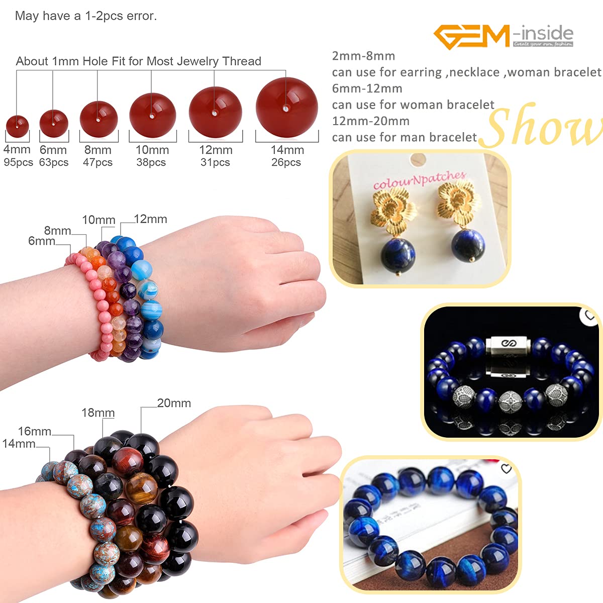 GEM-Inside 8mm Lapis Blue Tiger Eye Gemstone Loose Beads Dyed Color Round Crystal Energy Stone Power for Jewelry Making 15"
