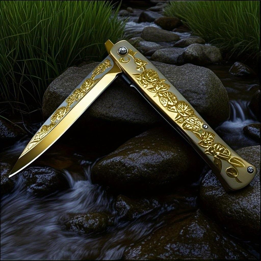 SAIYM Rose Relief Pocket Knife, Elegant EDC Folding Tactical Knife Blade 3.8in for Outdoor Survival Camping Hiking Gift for Adults Men Women, Golden