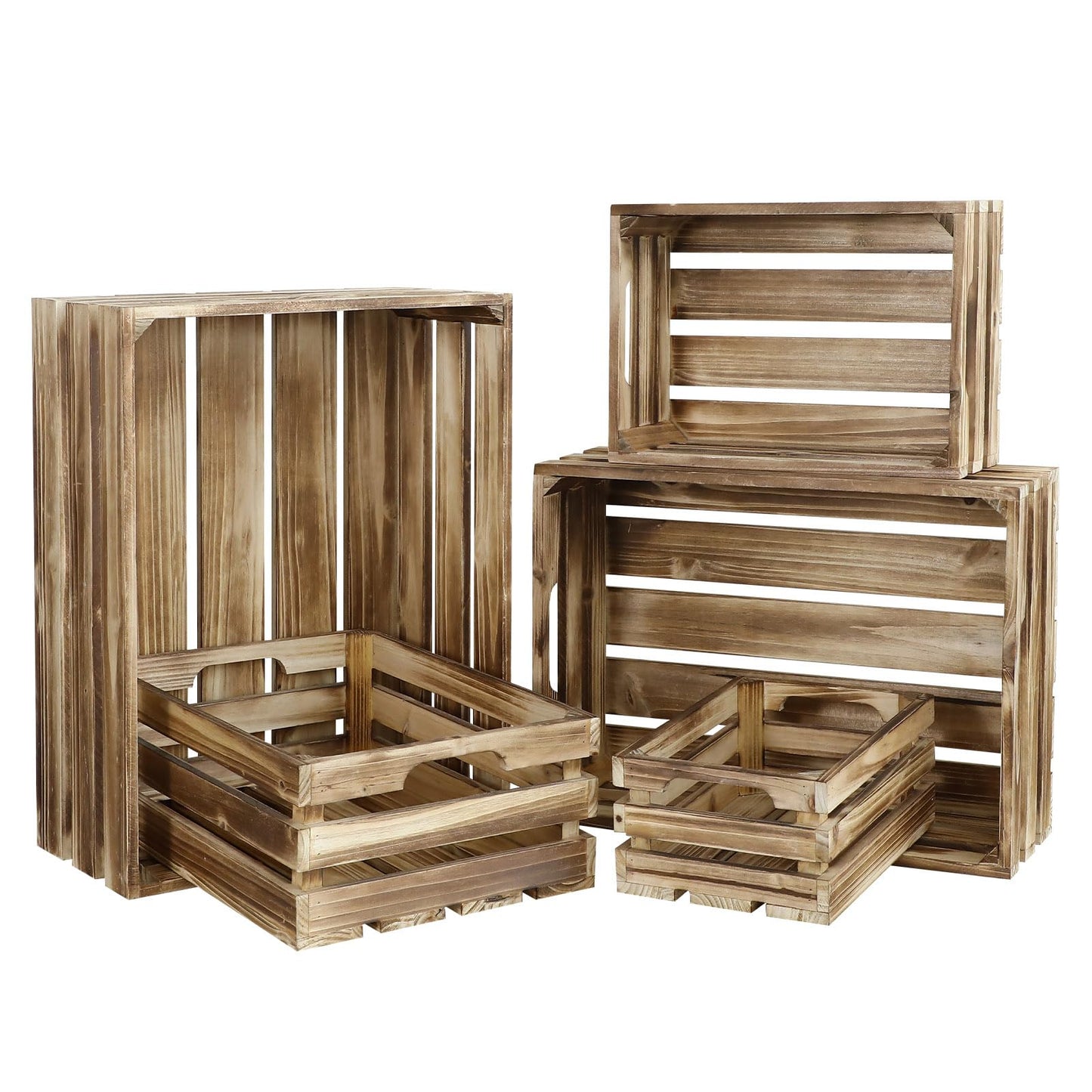 MACVAD 5-Piece Rustic Burnt Brown Wooden Crates Set, Wall Mountable Slatted Storage Crates with Handles, Farmhouse Wooden Crates for Display & Organizer for Home Decor