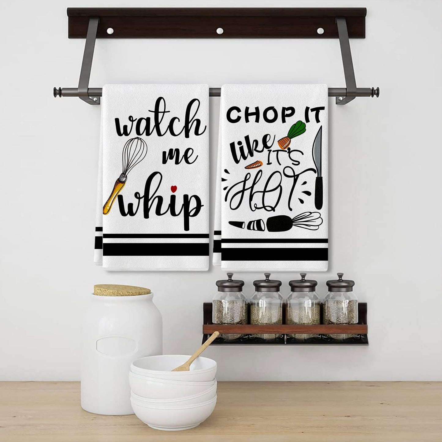Lebsitey Funny Kitchen Towels and Dishcloths Sets of 4 Kitchen Towels with Sayings Egg Beater Rolling Pin Absorbent Drying Tea Dish Towel for Cooking Baking Home Decorations,18 x 28 Inch