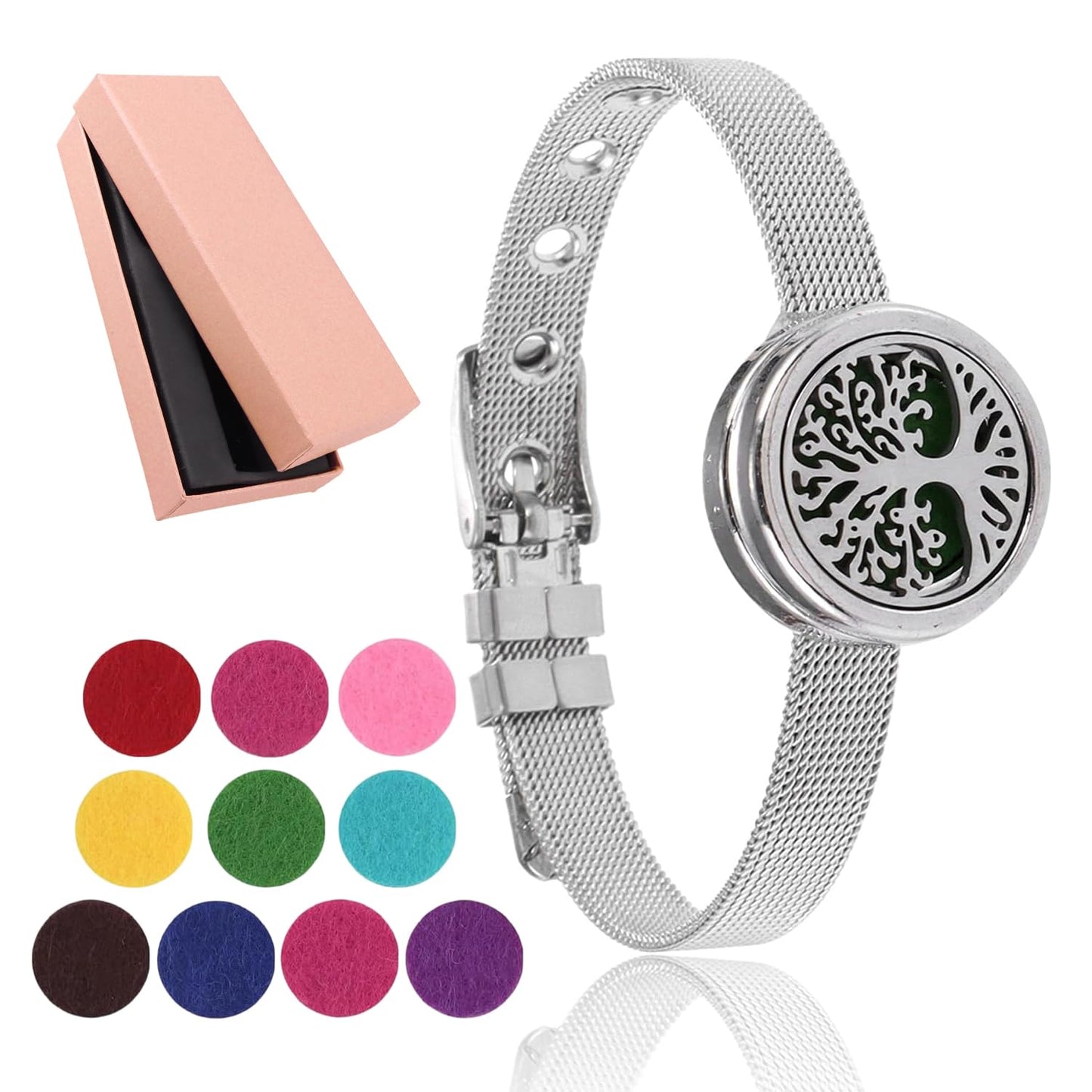 Essential Oil Diffuser Bracelet with Gift Box Aromatherapy Locket Adjustable Stainless Steel Tree of Life Watch Chain Bracelet with 10 Pcs Refill Pads for Women