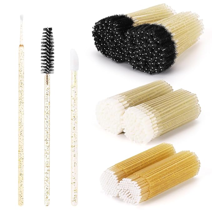 600 PCS Eyelash Extension Supplies Kit, 200 Spoolies Mascara Wands Disposable 200 Lip Brushes 200 Micro Swabs Yellow Eyelash Brushes Makeup Applicator Tool