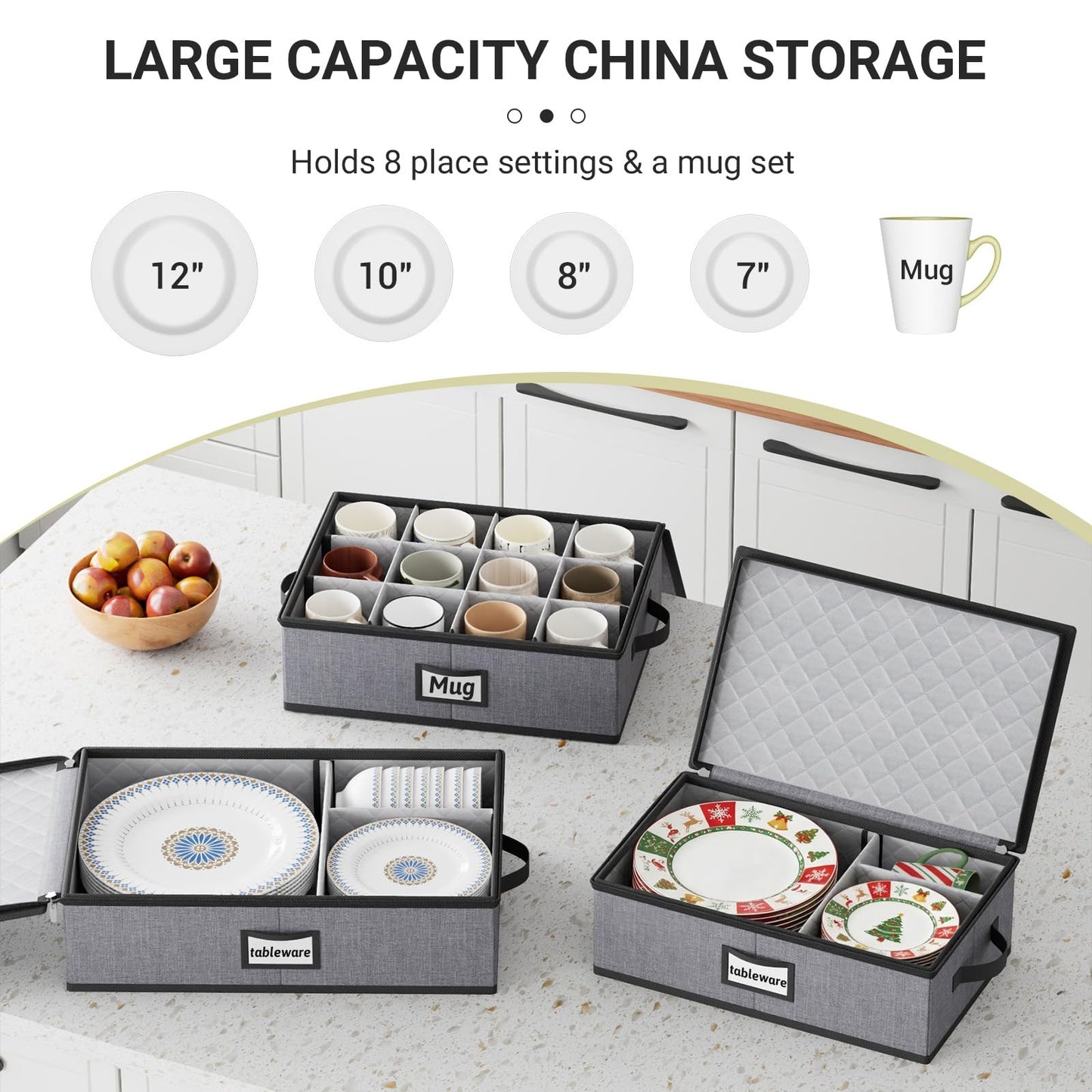 MISSLO Large Capacity China Storage Containers Hard Shell Plate Storage Containers, Kitchen Packing Moving Boxes for Dishes, Dinnerwares, Mugs Protectors, Grey, 3 Piece Set