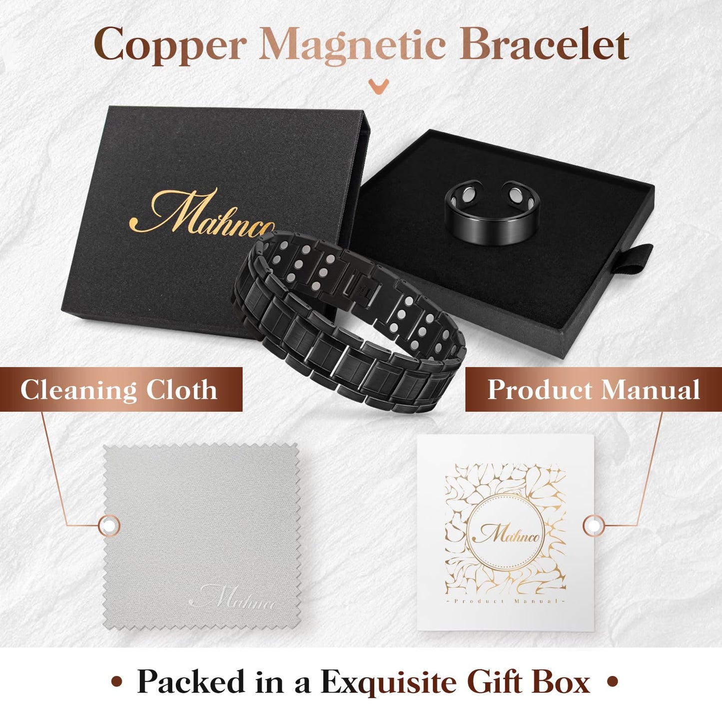 Mahnco Copper Bracelet for Men with Triple-Row Strong Magnets Magnetic Bracelets & Lymphatic Drainage Ring Set with Adjustable Sizing Tool, Magnetic Jewelry Gift (Black)