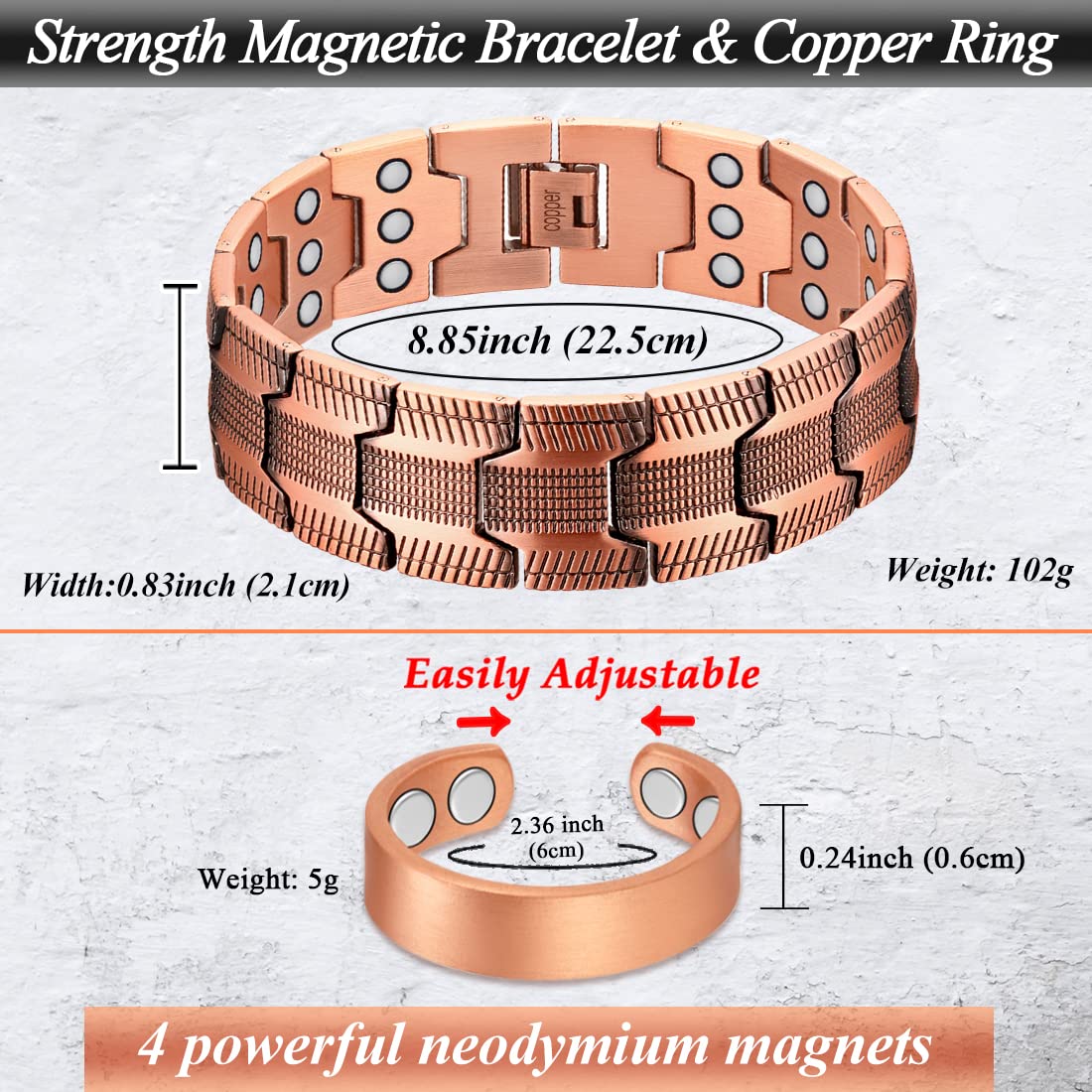 Cigmag 3X Copper Bracelet for Men Triple Ultra Strength Magnets Pure Copper Magnetic Bracelet & Ring Set with Adjustable Sizing Tool
