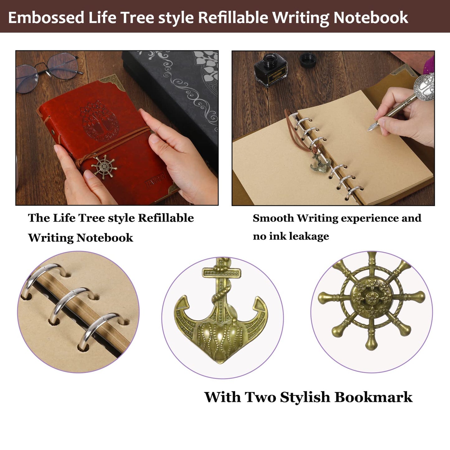 TIANREN Quill Pen and Ink Set,Feather Dip Pen,Antique Calligraphy Pen with 5 Replaceable Nibs,Wax Seal Stamp kit,Wax Beads & Leather Writing Notebook Christmas gift for Men&Women(Green)