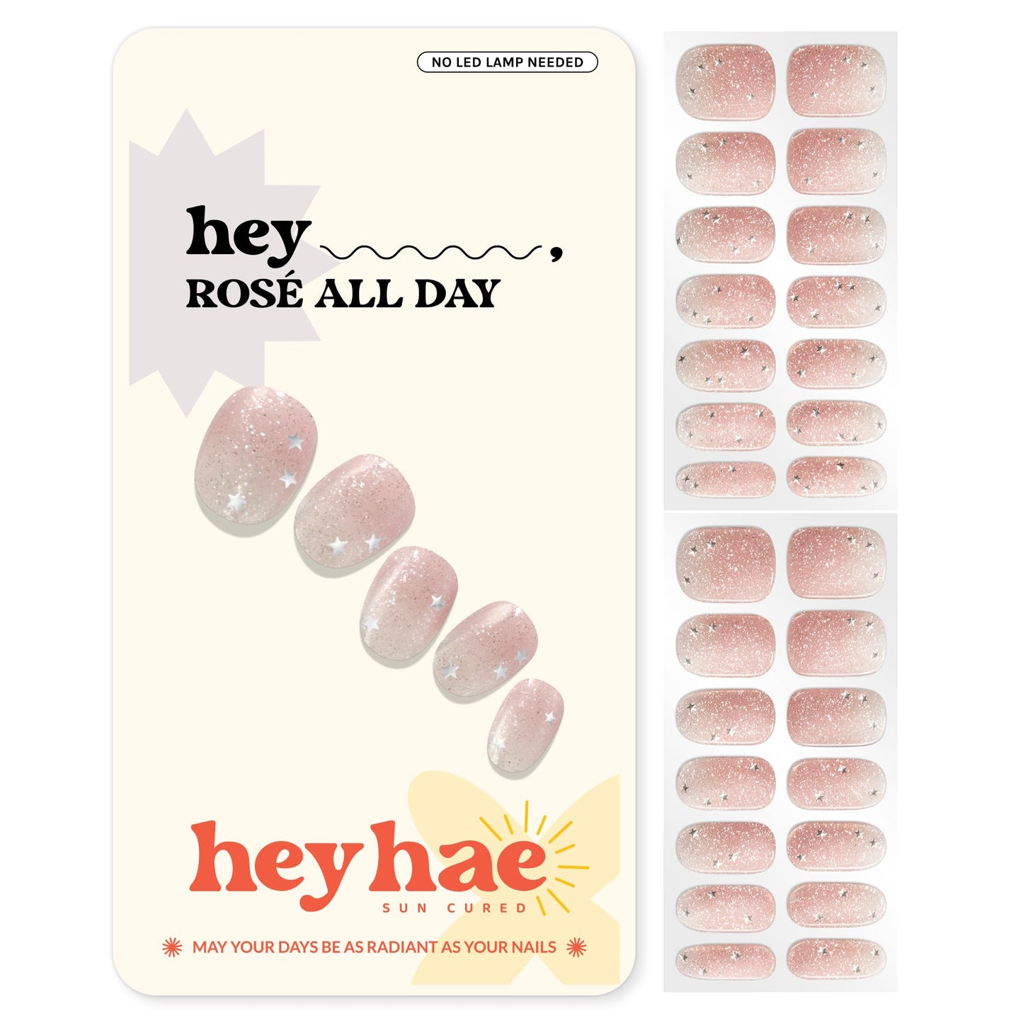 Heyhae Semi Cured Gel Nail Strips | No LED Lamp Needed | Glitter, Pink | Easy Apply & Remove, Salon Quality | Includes 28 Strips, 1 Prep Pads, Nail File & Wooden Stick - Hey, Rosé All Day