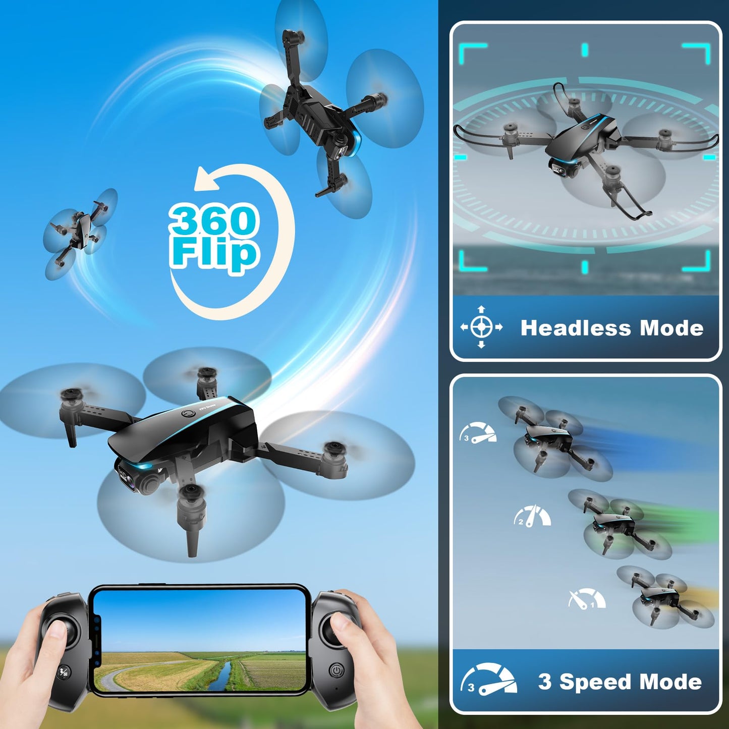 Oddire Drone with Camera - Drones for Adults, with 2 Batteries, Carrying Case, Propellers, 1080P HD Foldable Drone with Stable Hover, Trajectory Flight, Gravity Control, One Key Take Off/Land, 3D Flip