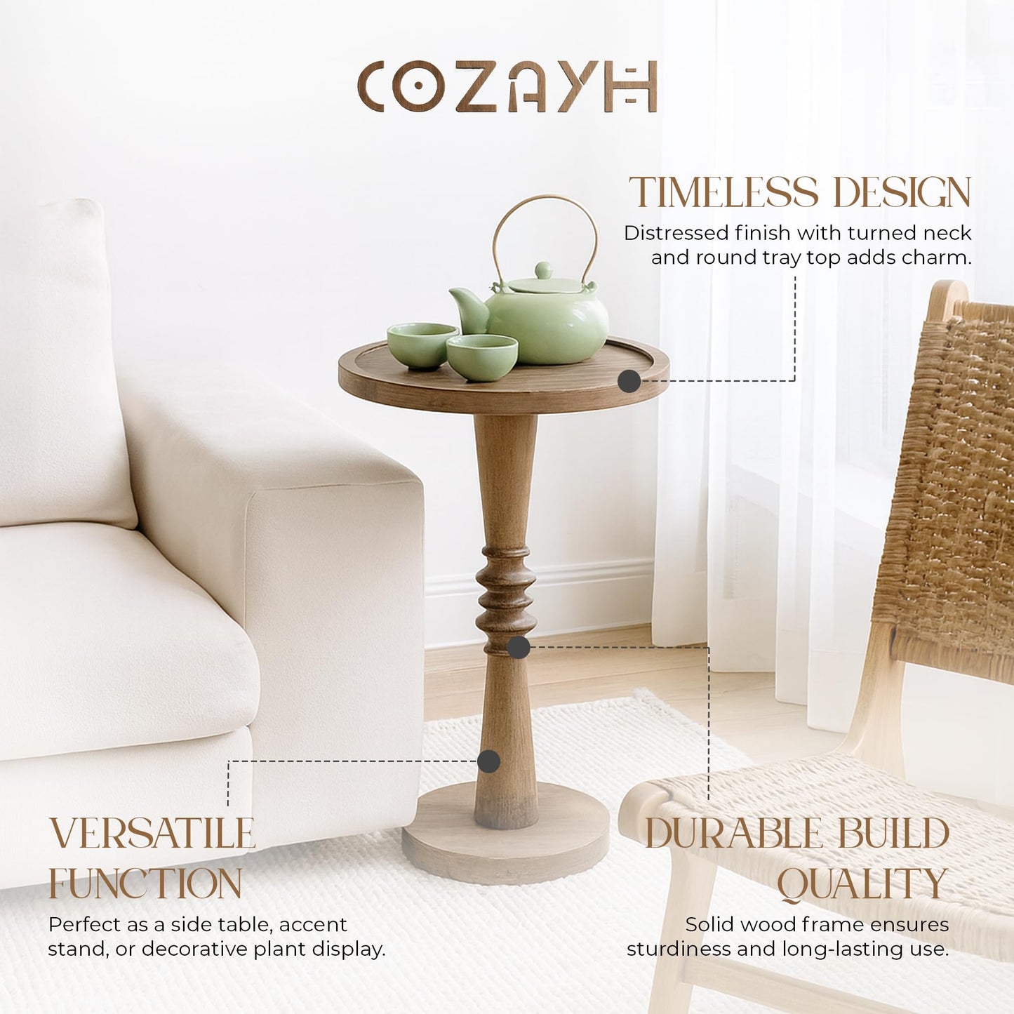 COZAYH Traditional Rustic Pedestal Table, Round Tray Top End Table with Farmhouse Style Distressed Finish for Small Spaces, Brown