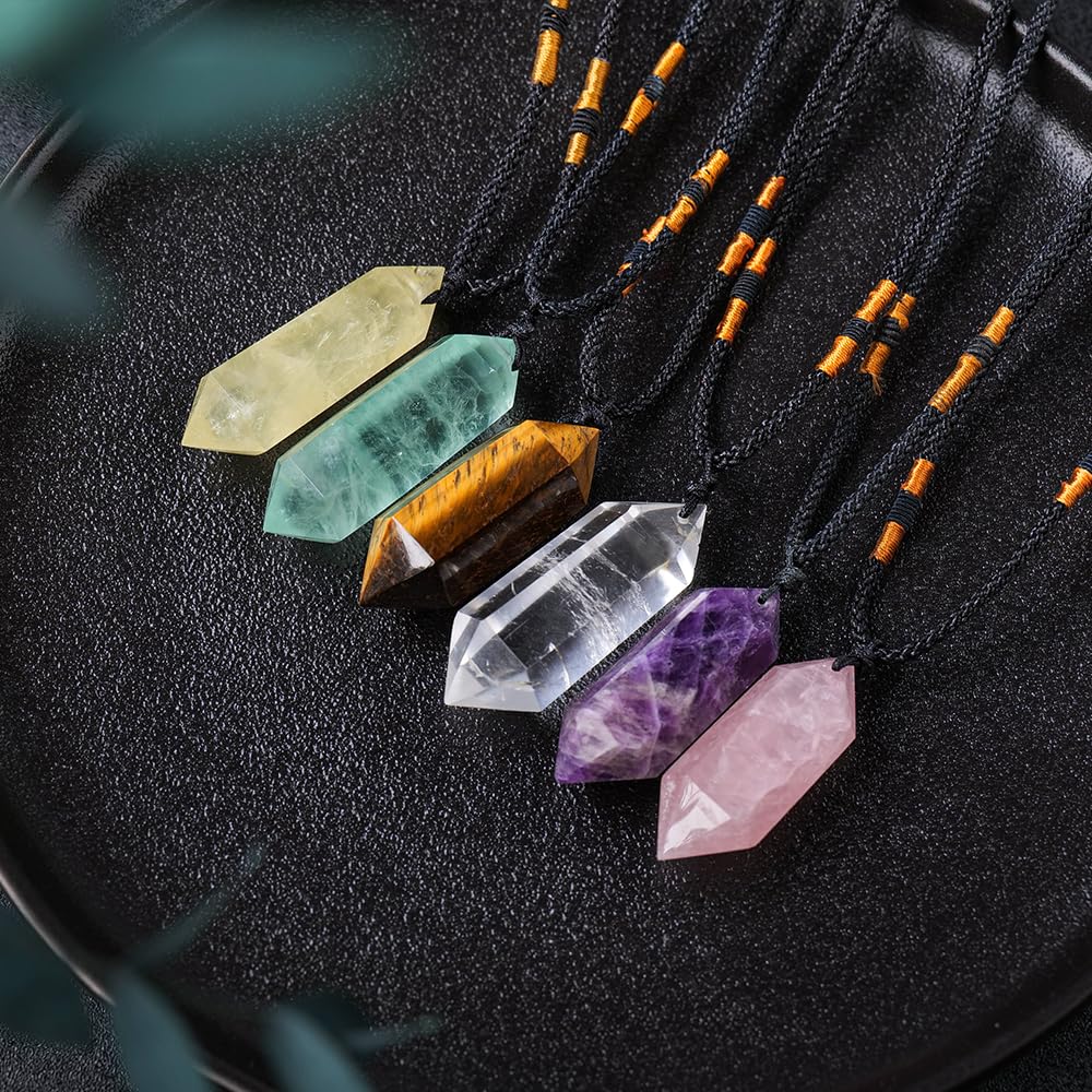 Runyangshi Rose Quartz Healing Crystal Pendants, Double Pointed Natural Crystal Quartz Necklace 6 Faceted Chakra Crystal Wand Stone