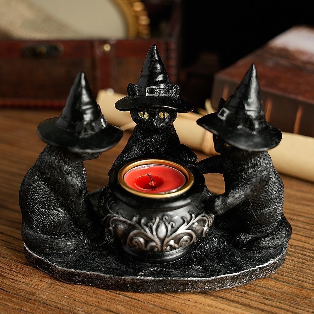 zhuja Black Cat Statue Decor Gothic Halloween Candle Holders Candlestick Decoration Wichy Figure Weird Jars Desk(Candle Holder)