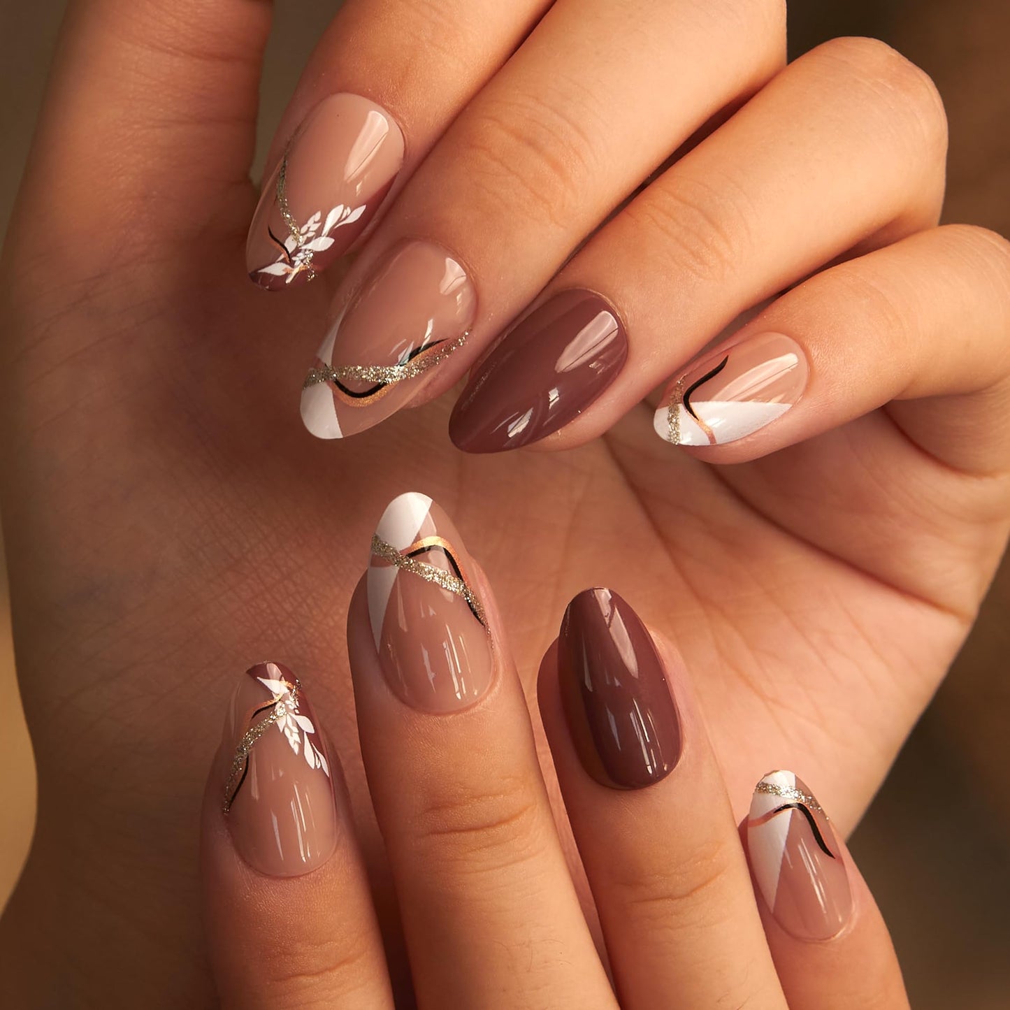 Curvlife Medium Press On Nails Kit - Full Cover False Almond Press on Nail Tips with Golden Line and Leaf Designs, Reusable & Glue Included - Easy Application Nail Accessories for Women