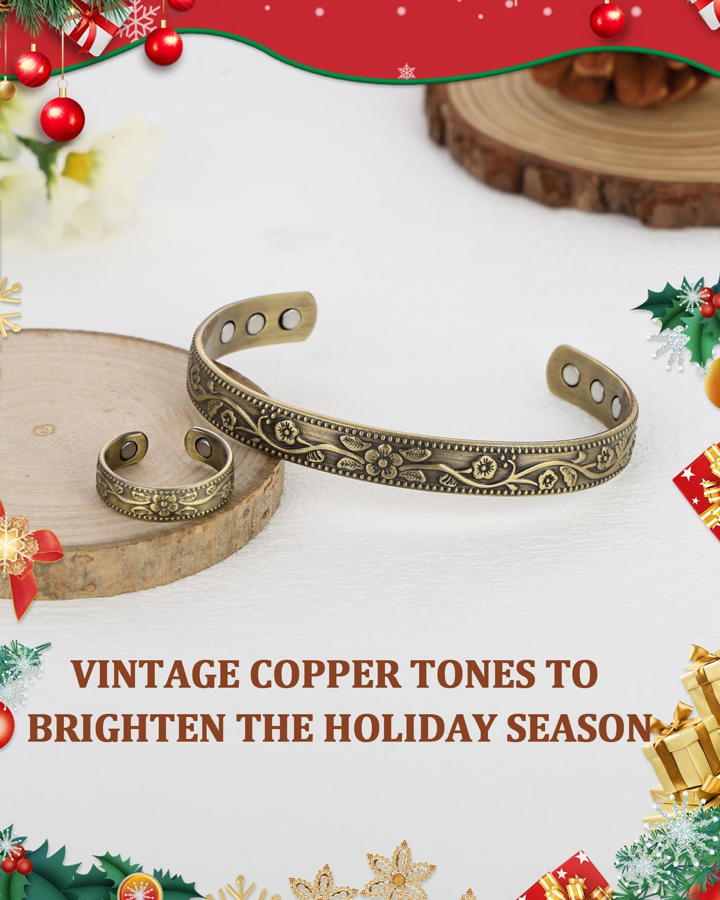 BioMag Copper Bracelet & Ring for Women, 99.99% Pure Copper Magnetic Bracelet Lymphatic Drainage Rings with 3500 Gauss Magnets, Adjustable & Flower Pattern (Antique Bronze Tone)