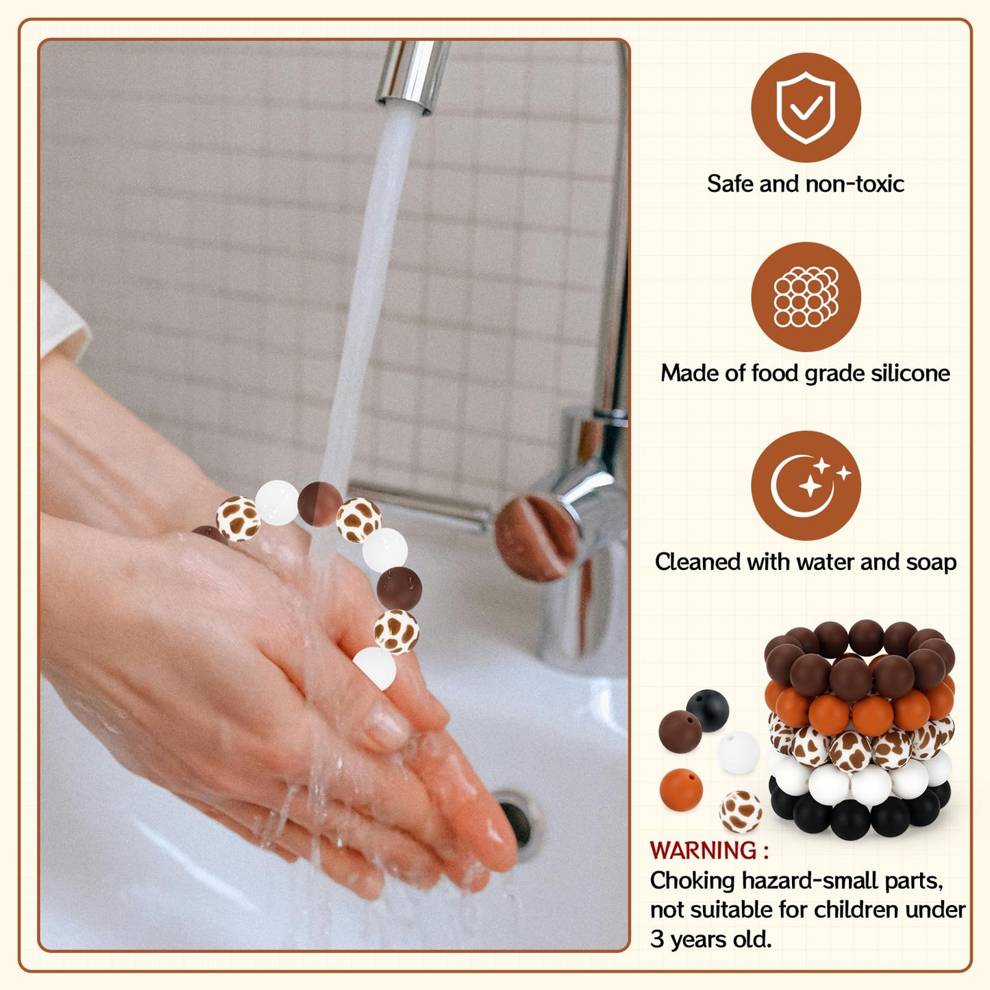 SALUOKE 100 Pcs 15mm Silicone Beads for Keychain Making, Pink Gream Silicone Beads Bulk Round for Bracelets Pens Crafts Jewelry Making (Brown White)