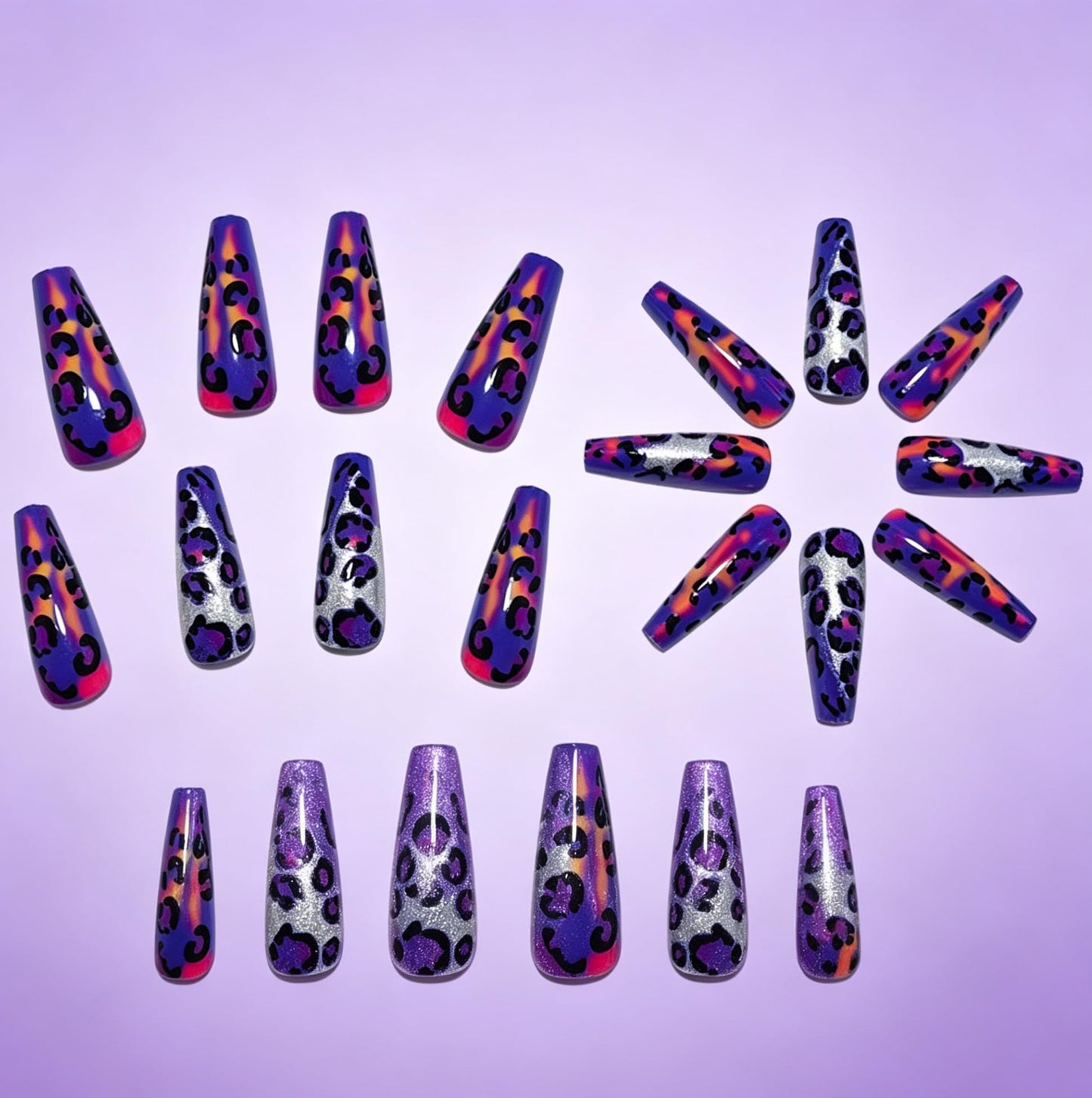Chunmeng 24Pcs Long Ballet Press on Nails – Purple Halo Leopard Print, Reusable Salon Grade Fake Nails for Women