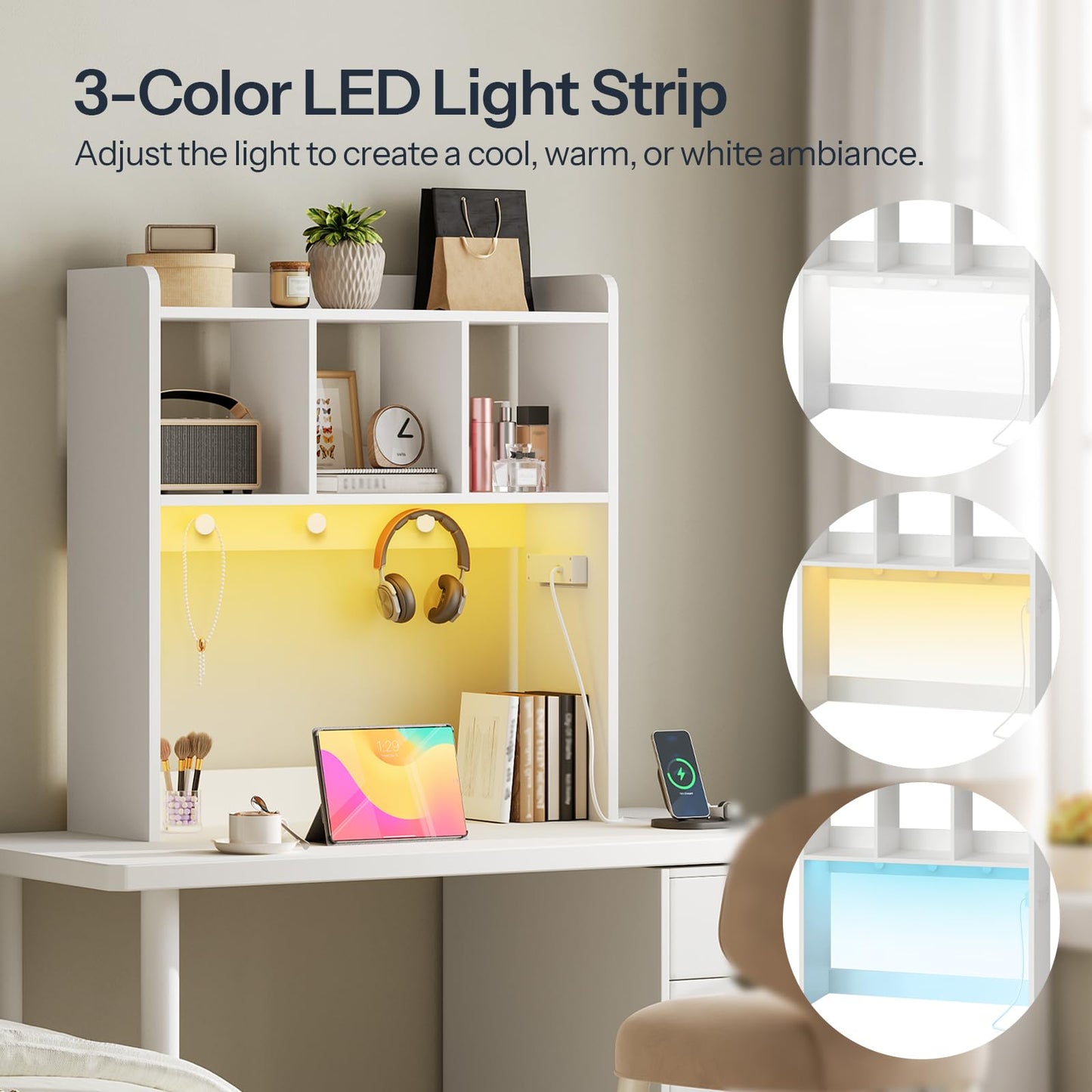 HOOBRO Desktop Bookshelf, Office Desktop Shelf, Desk Hutch with Outlets, Wooden Office Desktop Bookcase, Desktop Organizer Shelf with LED Light Strip and 3 Hooks, for Home, Study, White WT12UDSJ01