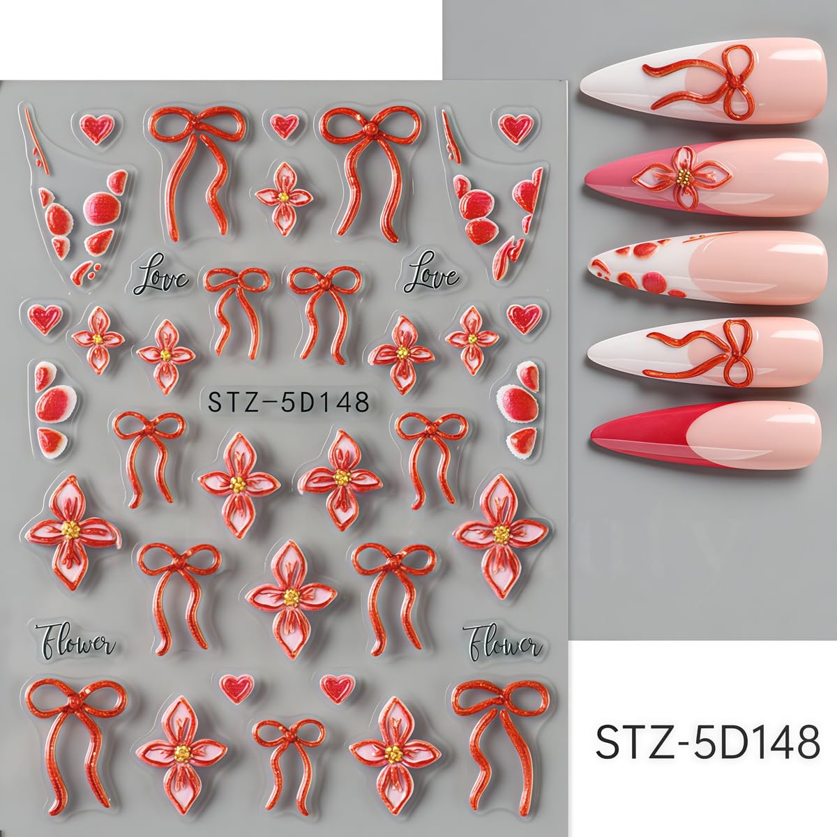 3 Sheets Flower Nail Art Stickers Decals 5D Self-Adhesive Nail Decals Spring/Summer Floral | Bow Designs, Self-Adhesive Decals for Women's Nail DIY Decoration