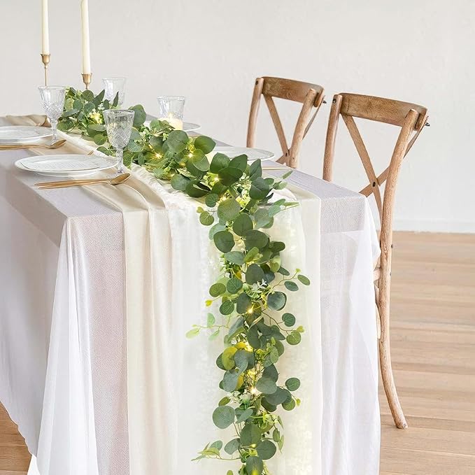 N&T NIETING 4 Pack Artificial Eucalyptus Garland with Lights, 6FT Artificial Greenery Garlands, Battery Operated Twig Vine for Room Stairs Mantle Wedding Holiday Easter Decoration Indoor Outdoor