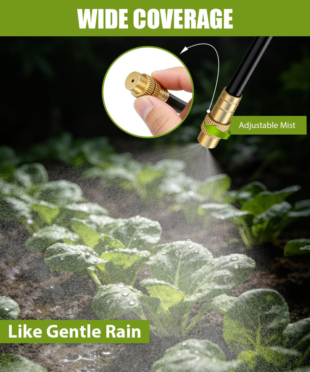 32FT Easy-Snap Garden Irrigation System for Raised Beds & Greenhouses, Upgraded 8mm (5/16") High-Flow PE Tubing with 10 Bendable 360° Copper Nozzles, Quick-Connect Plant Watering Kit