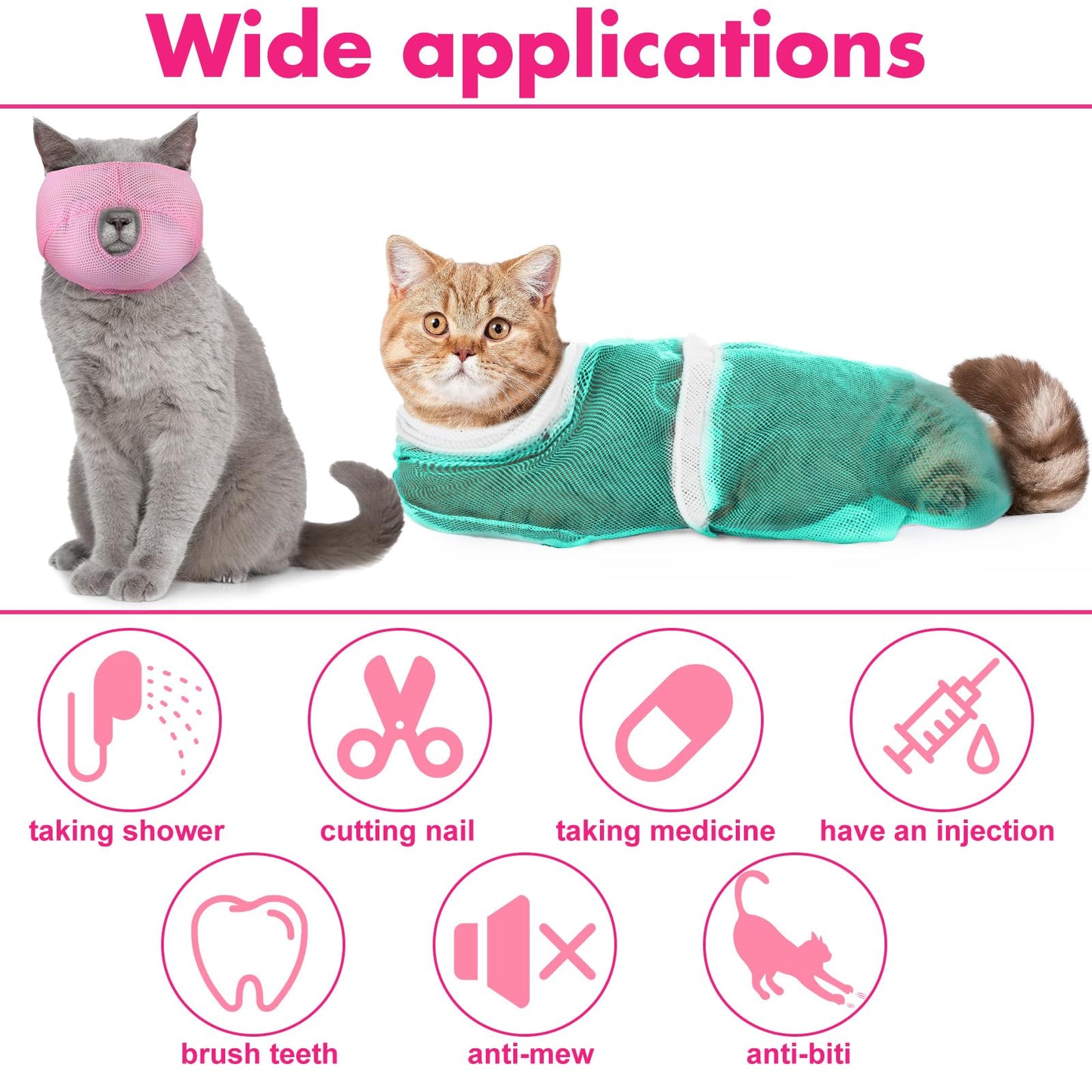 Kritkin 10 Pcs Cat Bathing Bag Set Pet Mesh Shower Bag Anti Bite and Scratch Pet Grooming for Washing Brush, Cat Muzzle, Nail Clipper, Nail File, Tick Tool(Blue and Pink)