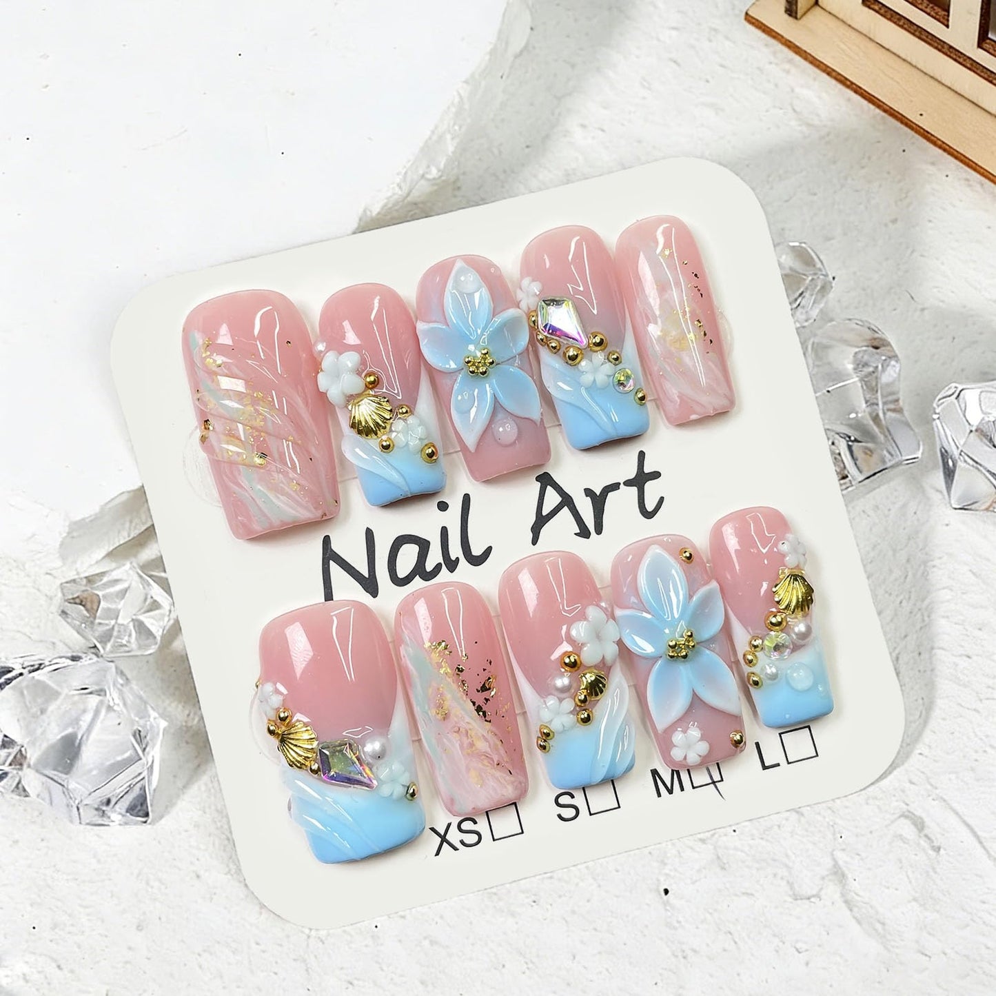 10 Pcs Handmade Press on Nails Medium Square Fake Nails with Blue 3D Flower Pearl Shell French Tip Design False Nails Pink Acrylic M Size Press Ons Nails Square for Women Nail Art