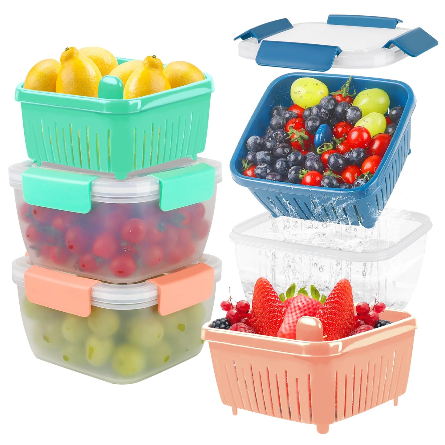 50oz Berry Keeper Fruit Storage Container for Fridge, Fresh Food Produce Saver Containers with Removable Drain Colanders, Vegetable Lettuce Keeper Bowl, Refrigerator Organizer, PRESS TO OPEN CLOSE LID