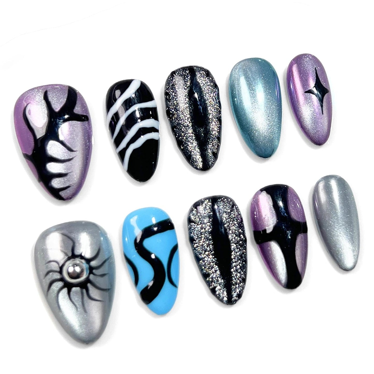 Handmade 3D Dark Mystic Oval Press On Nails, Multi-Color Stream Star Artisan Nails Set, Reusable Glossy Press-ons with Tool Kit(M)