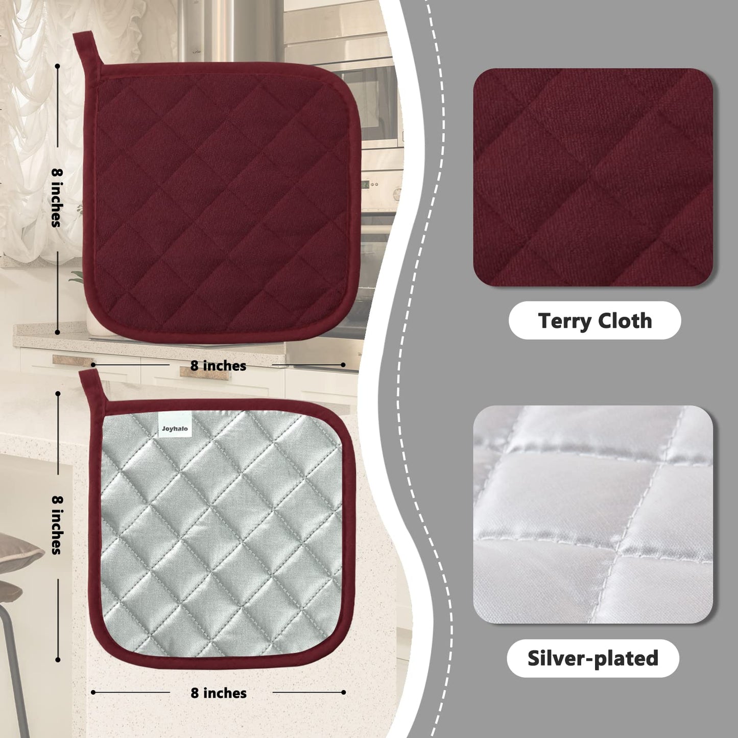 Joyhalo 6 Pack Pot Holders for Kitchen,Cotton Oven Holder with Great Heat Resistance,Non Slip Hot Pads for Kitchen Clearance,Dark Red