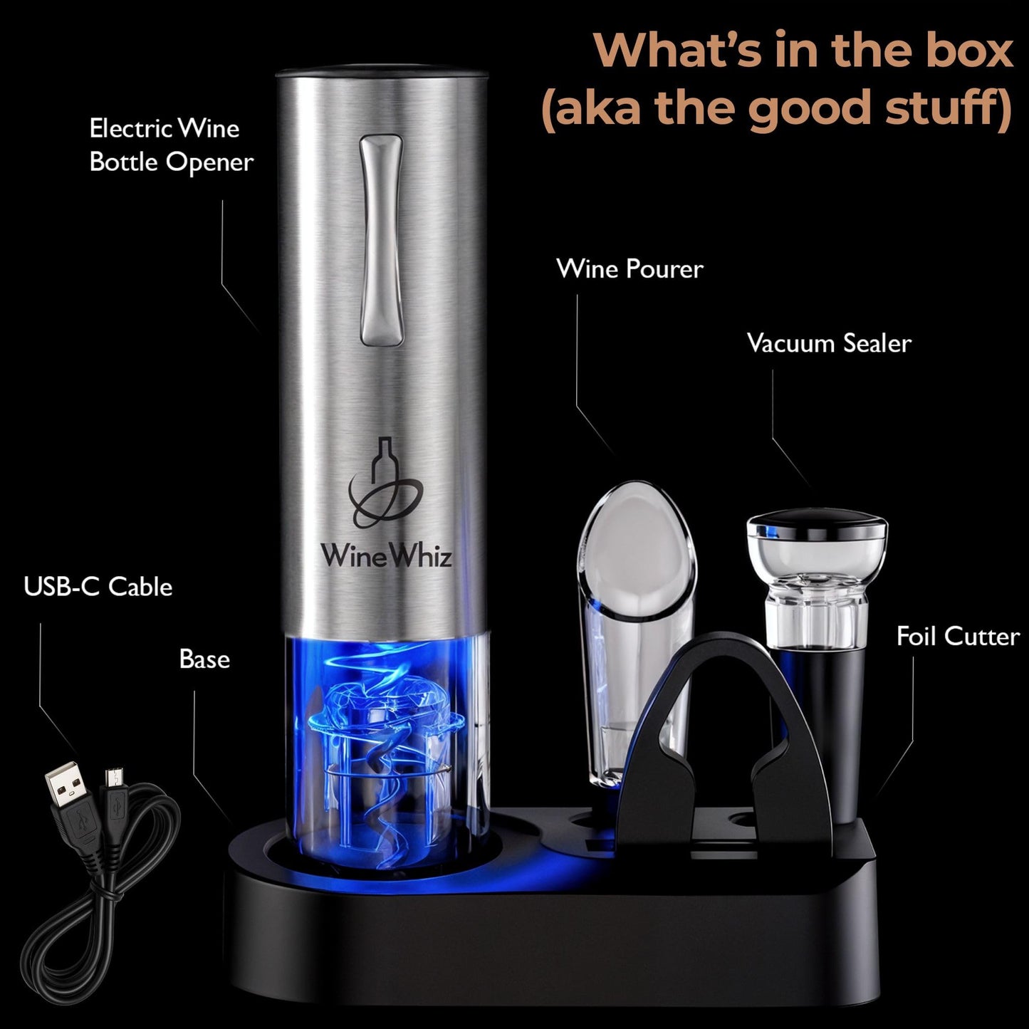 Electric Wine Opener Set with Base and Accessories (Rechargeable Stainless Steel Corkscrew, Dispenser, Foil Cutter Tool, Stopper) | Lovers Gift for Housewarming, Birthday, Registry
