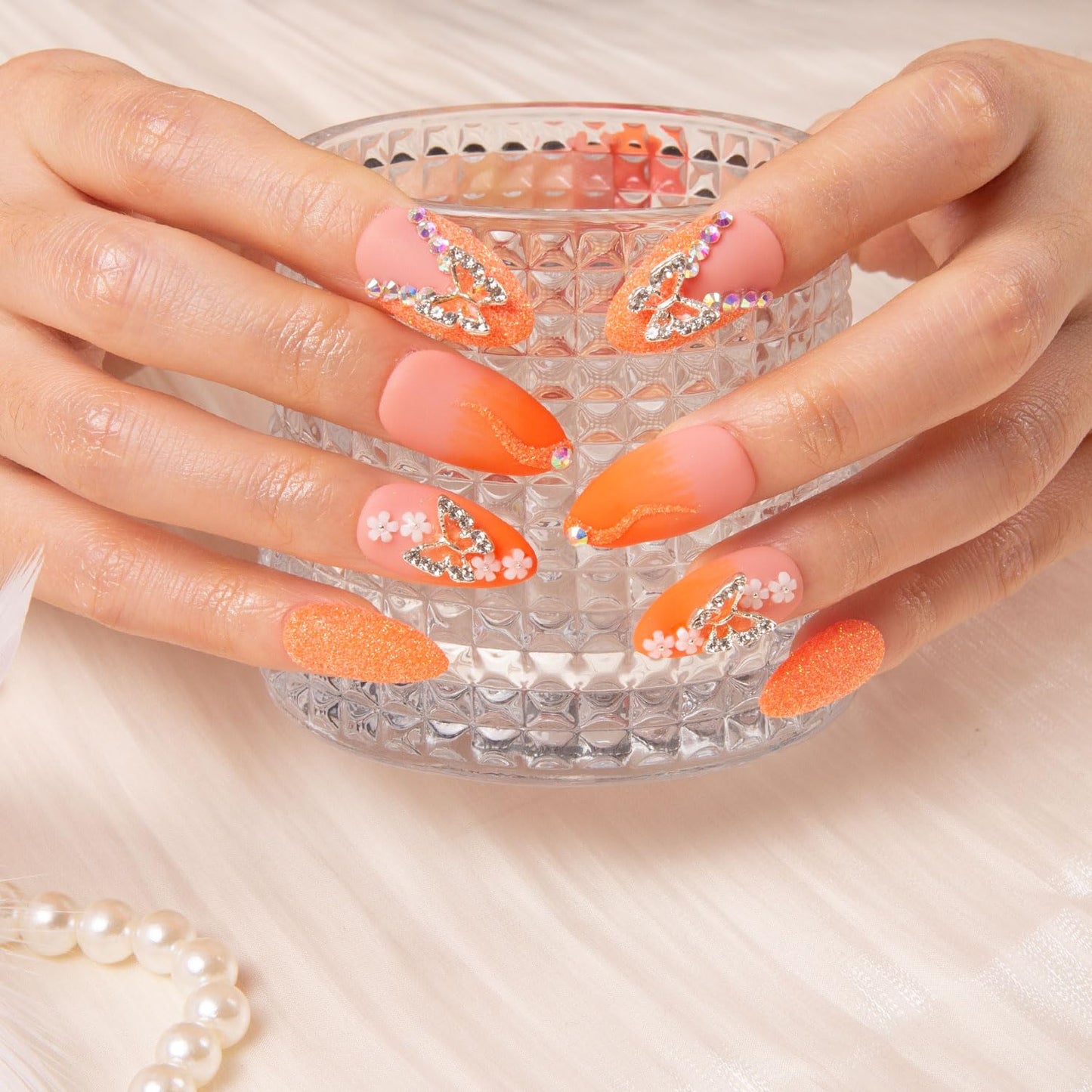 LOVFUL Press on Nails Citrus Bloom | Handmade with Full Covered Crystals | Reusable Fake Nails | Almond Regular 1.0 in | H209-L