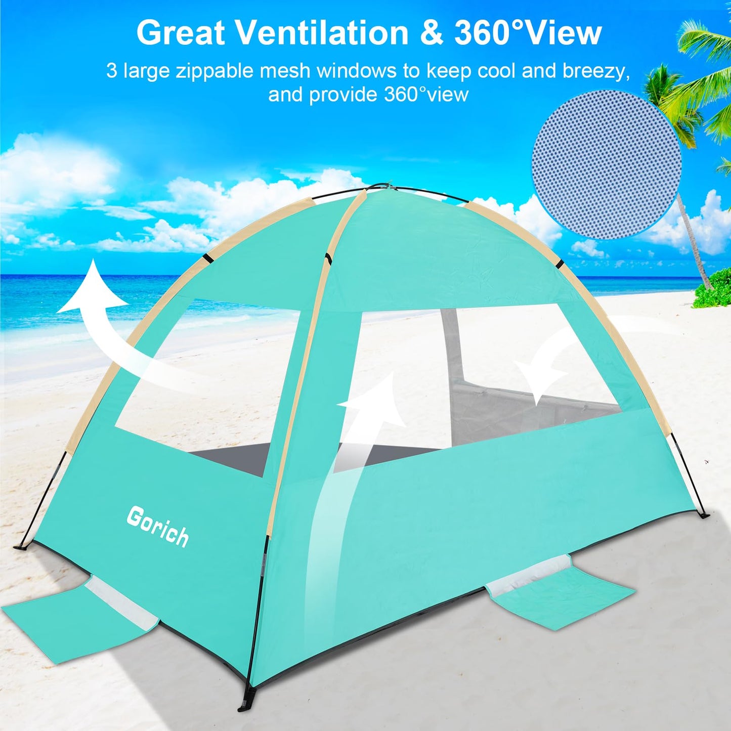 Gorich Beach Tent Sun Shelter for 3/4/6/8/10 Person with UPF 50＋ UV Protection, Lightweight & Easy Setup Beach Shade Canopy, Portable Beach Shade Tent Beach Cabana