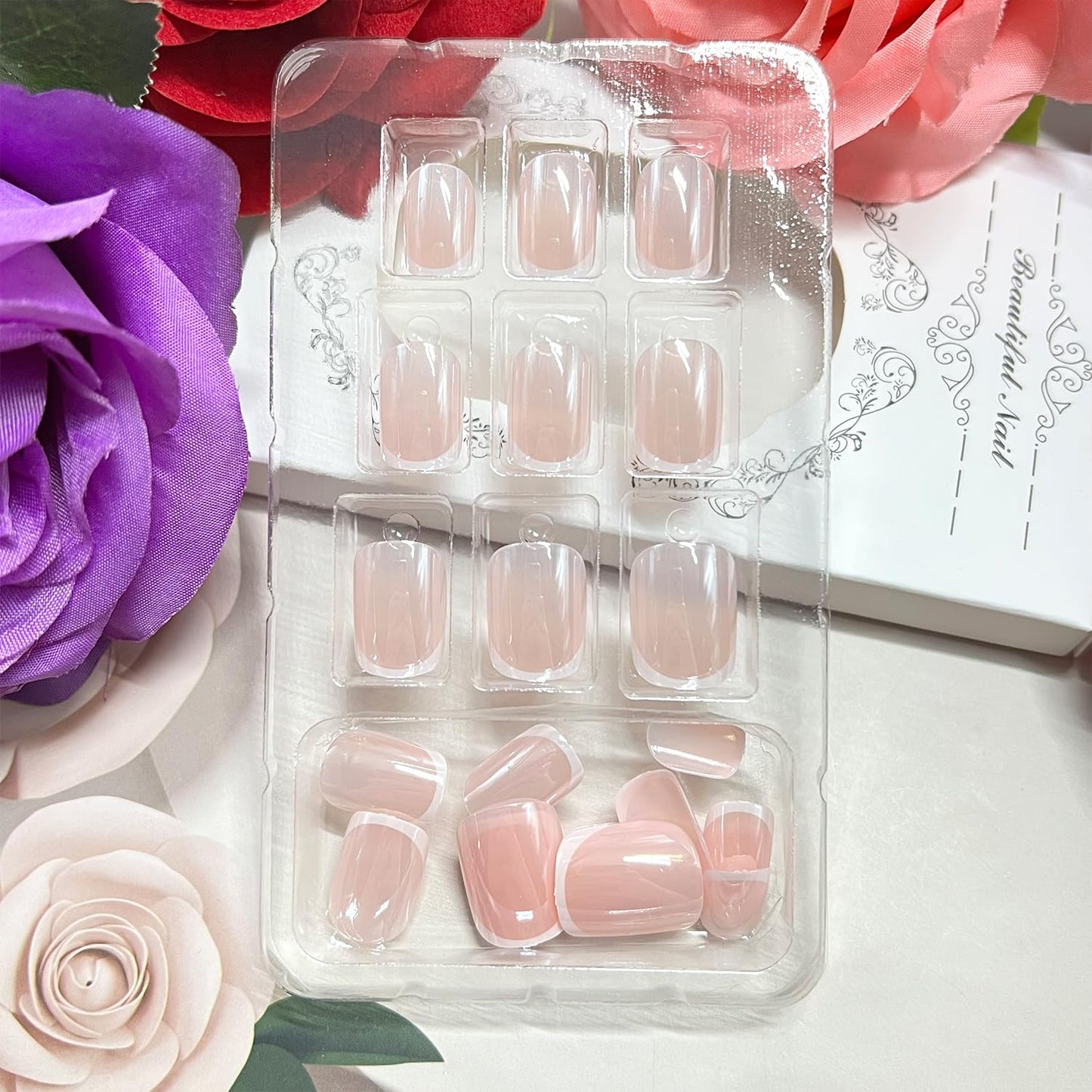 Vopintpy White French Tip Chrome Press on Nails Short Square Fake Nails with Design Glossy Acrylic Glue on Nail Reusable Full Cover Artificial Stick on Nail for Women DIY Manicure