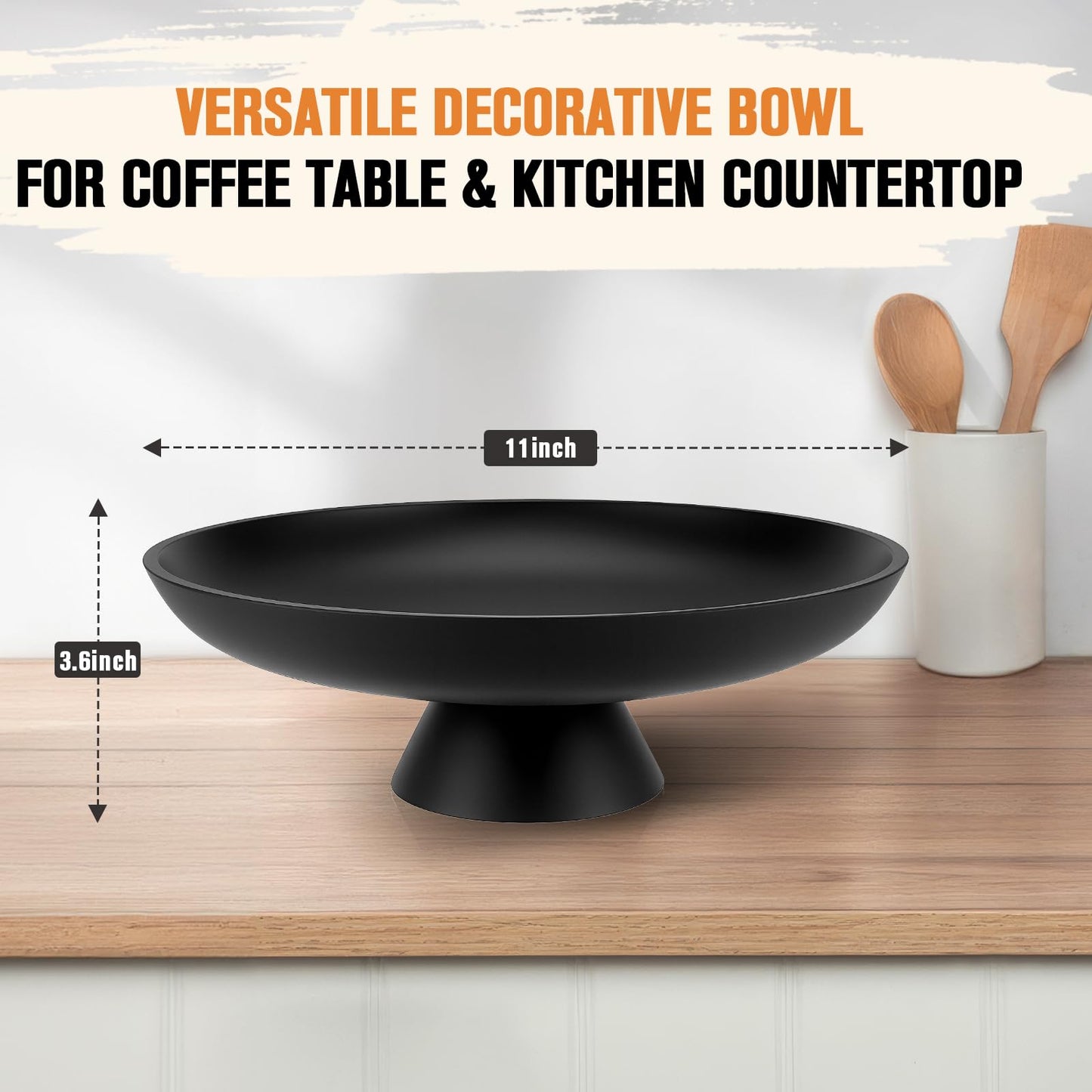 ZMCYNG Concrete Decorative Fruit Bowls for Kitchen Counter, 11" Large Decorative Bowl for Home Decor Coffee Table Centerpiece, Handcrafted Key Bowl for Entryway Table, Modern Black Pedestal Bowls