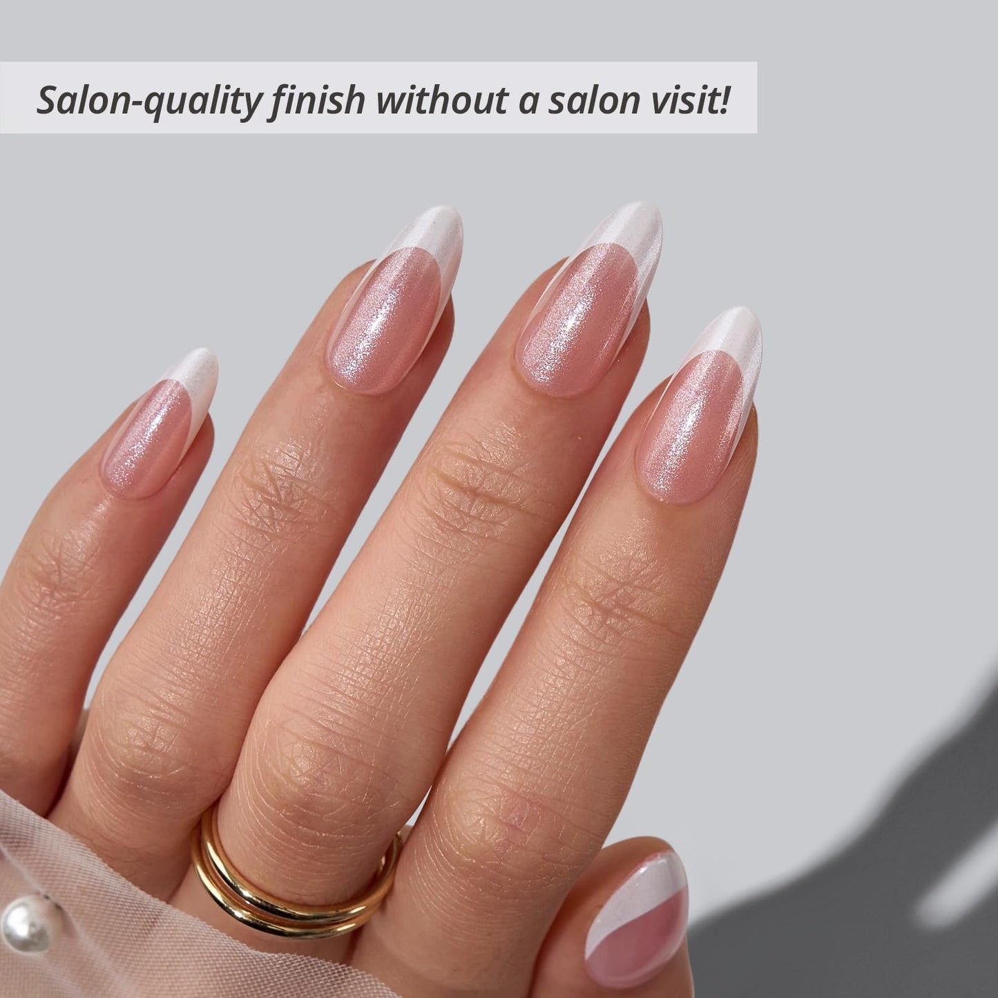 BTArtbox French Tip Press On Nails - Just Right, Lamp-Curable 4-Week Wear White Meidum Almond Press On Nails with Glue and Adhesive Tabs, Easy-to-Apply in 15 Sizes - 30 Nails All-in-One Kit